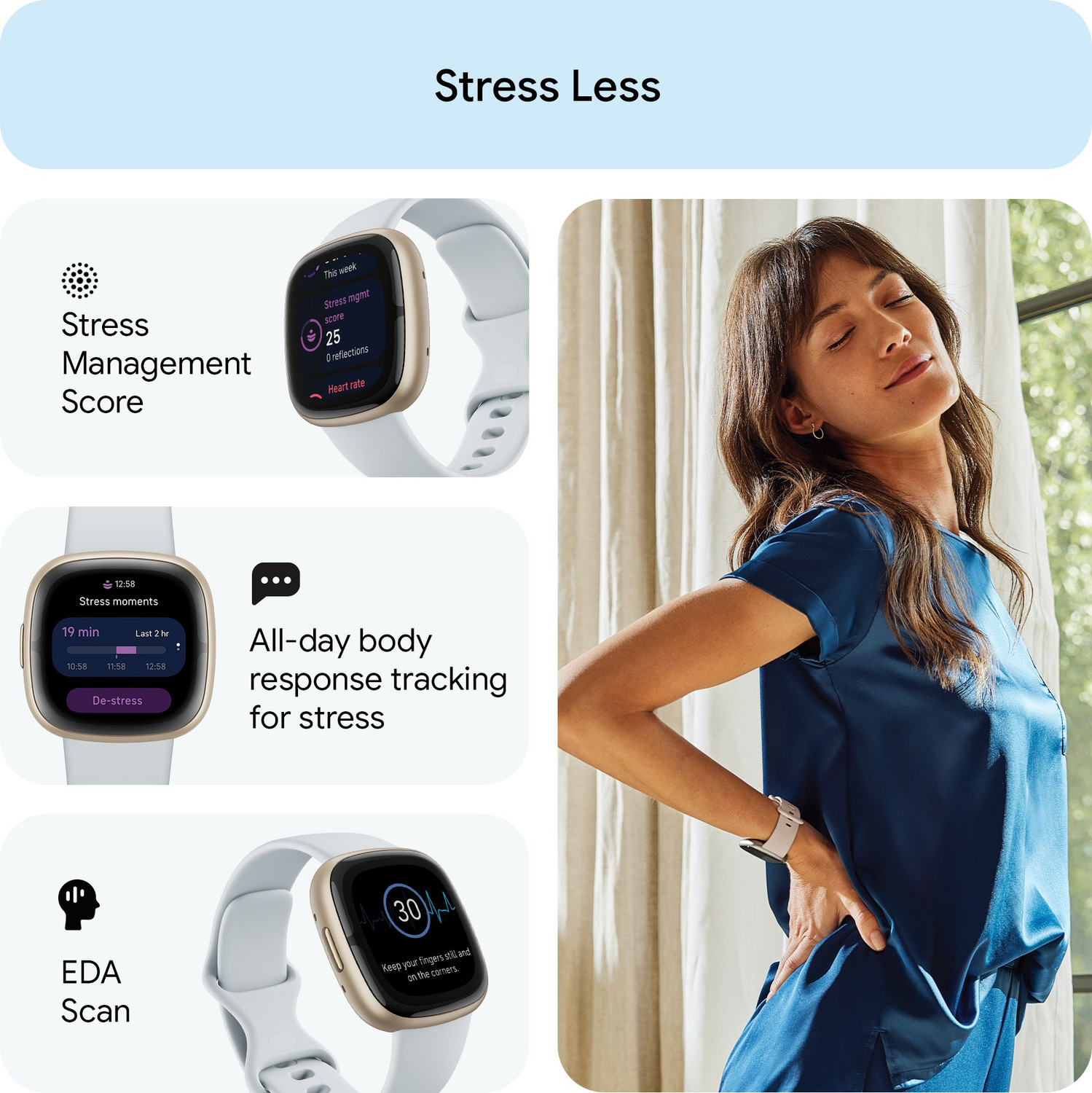 Image of FITBIT Sense 2 Health & Fitness Watch (Blue Mist / Soft Gold Aluminium) Smartwatch