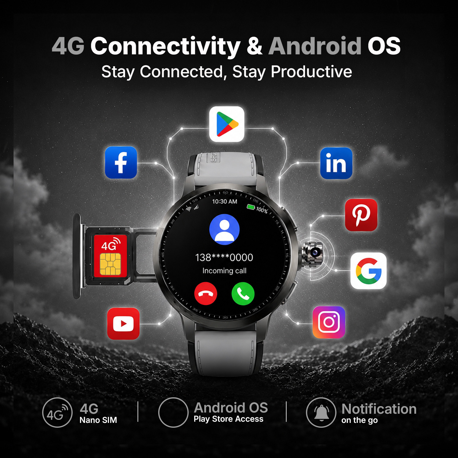 Image of Ai+ NovaWatch Rotatecam 4G Android Smartwatch, 180 Degree Rotating Camera & GPS Smartwatch