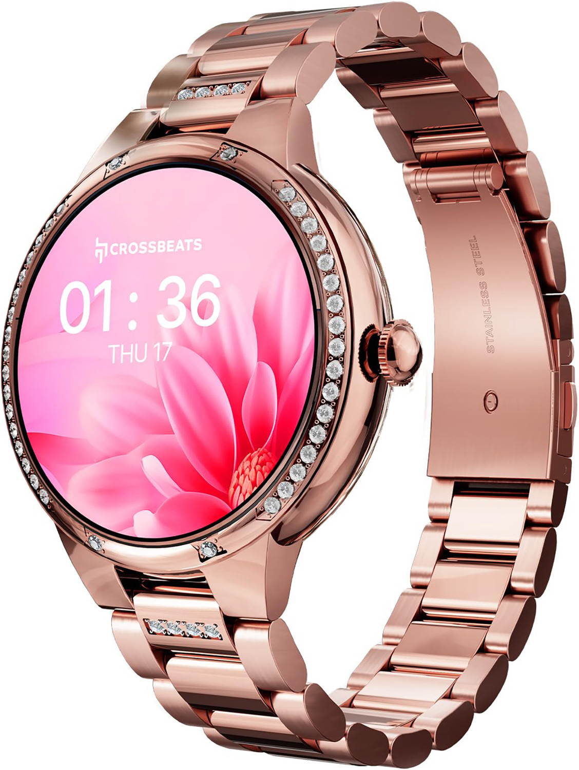 Image of CrossBeats Diva 1.28 inch Stone Studded Bezel Smartwatch, Health Tracker, Wireless Charge Smartwatch