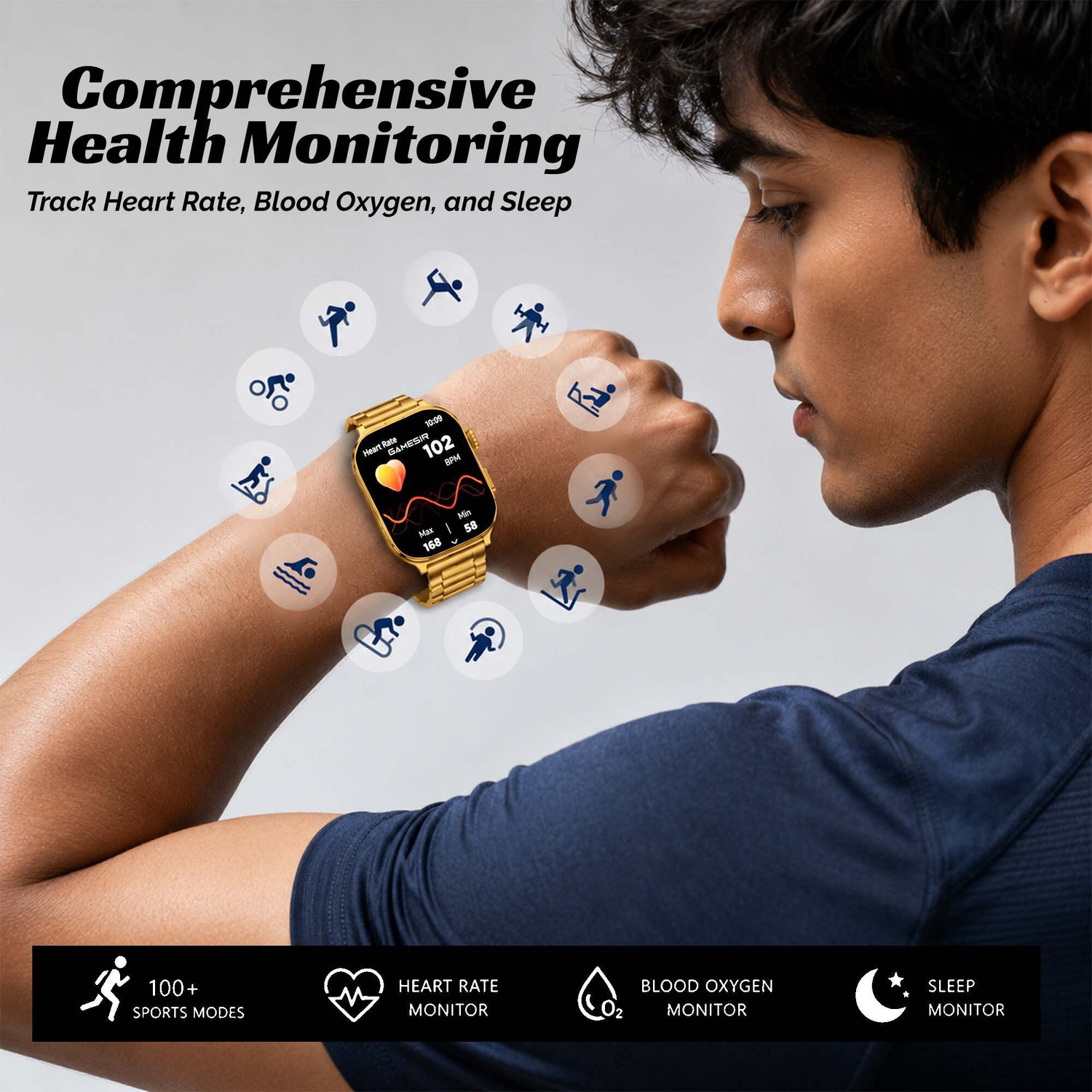 Image of GameSir S9 Ultra Smartwatch with Fitness Tracking & Long Battery Life Smartwatch (Gold Strap, Free Size)