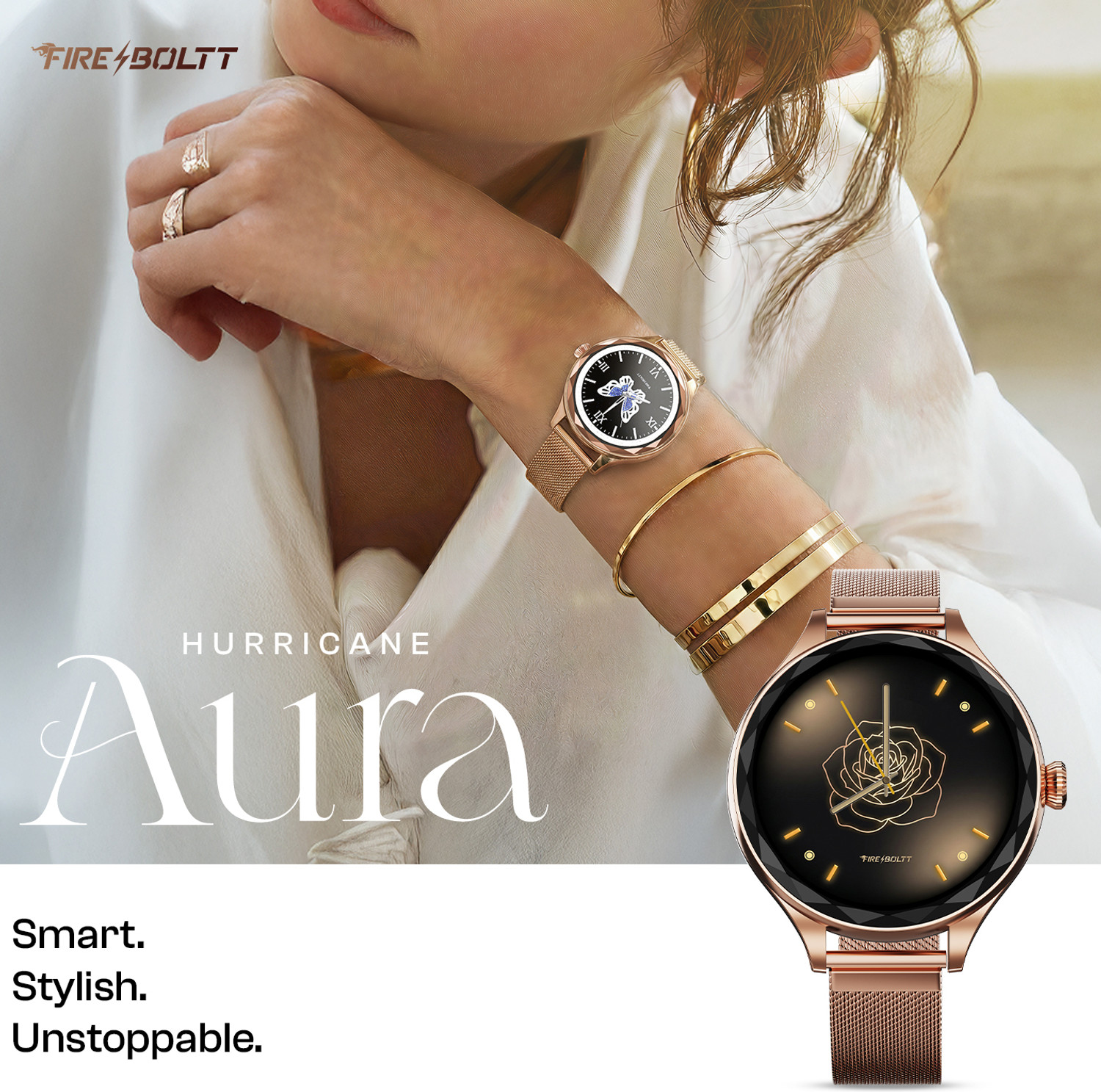 Image of Fire-Boltt Hurricane Aura 1.26HD Display Diamond Cut Rotating Crown Wireless Charging Women Smartwatch