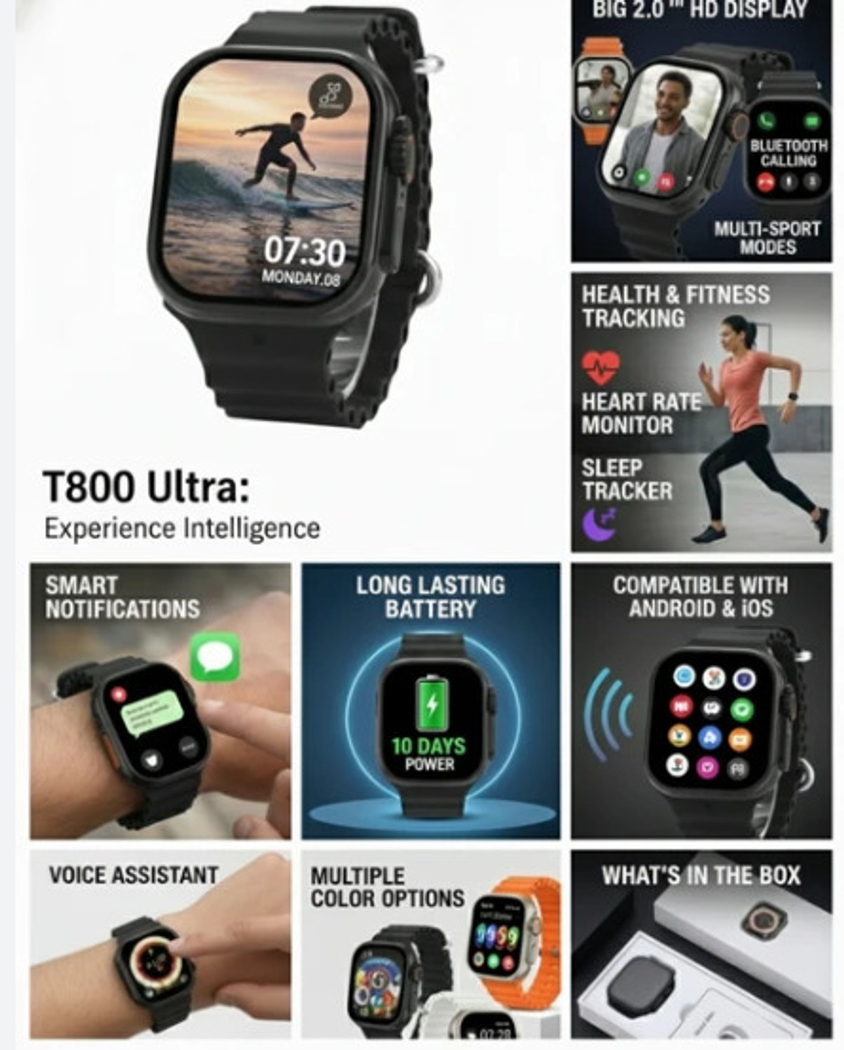 Image of TechFusion T800 Ultra Digital Watch, Bluetooth Calling, 1.99 Inch HD Screen (Black) Smartwatch