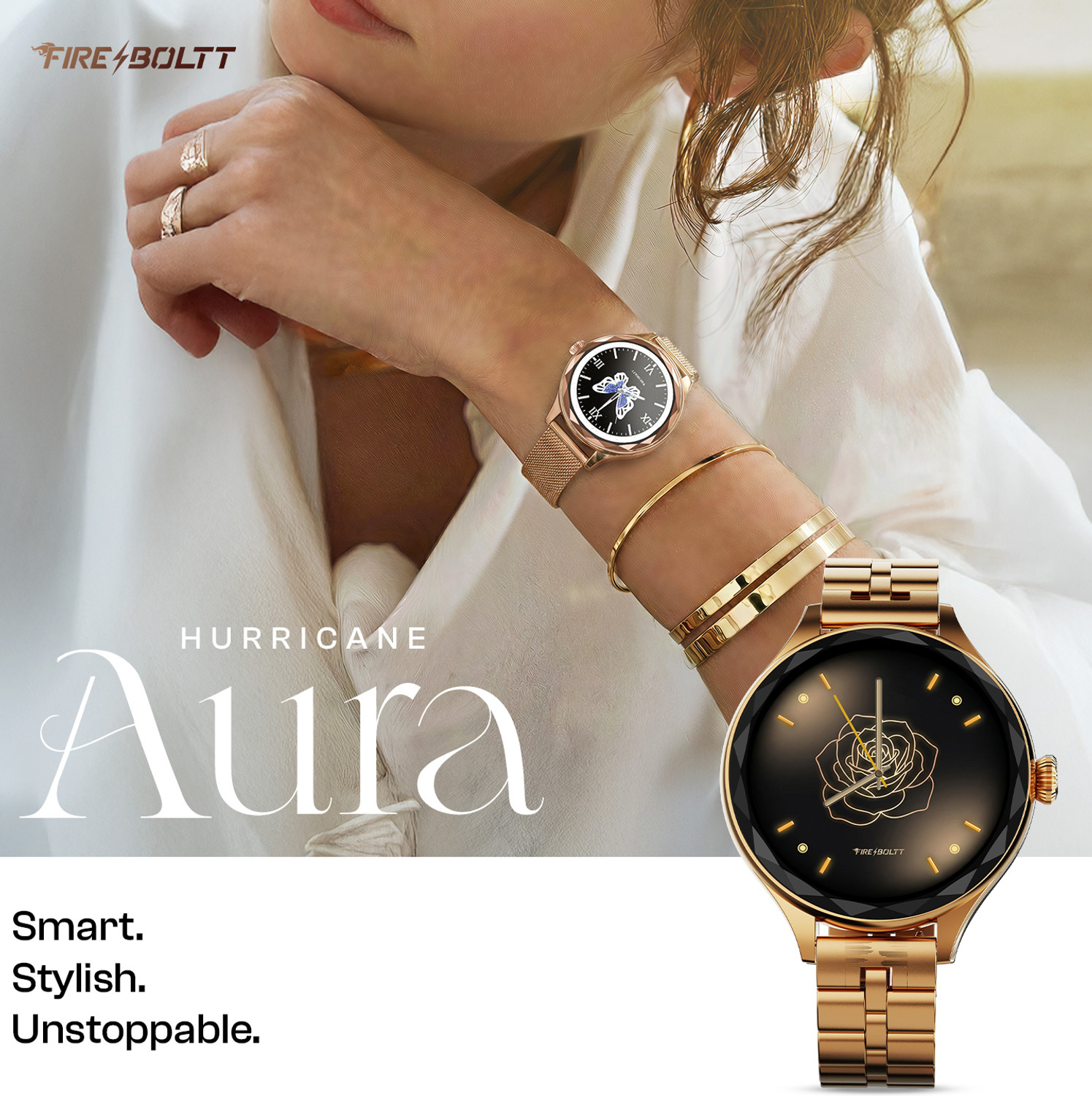 Image of Fire-Boltt Hurricane Aura 1.26HD Display Diamond Cut Rotating Crown Wireless Charging Women Smartwatch
