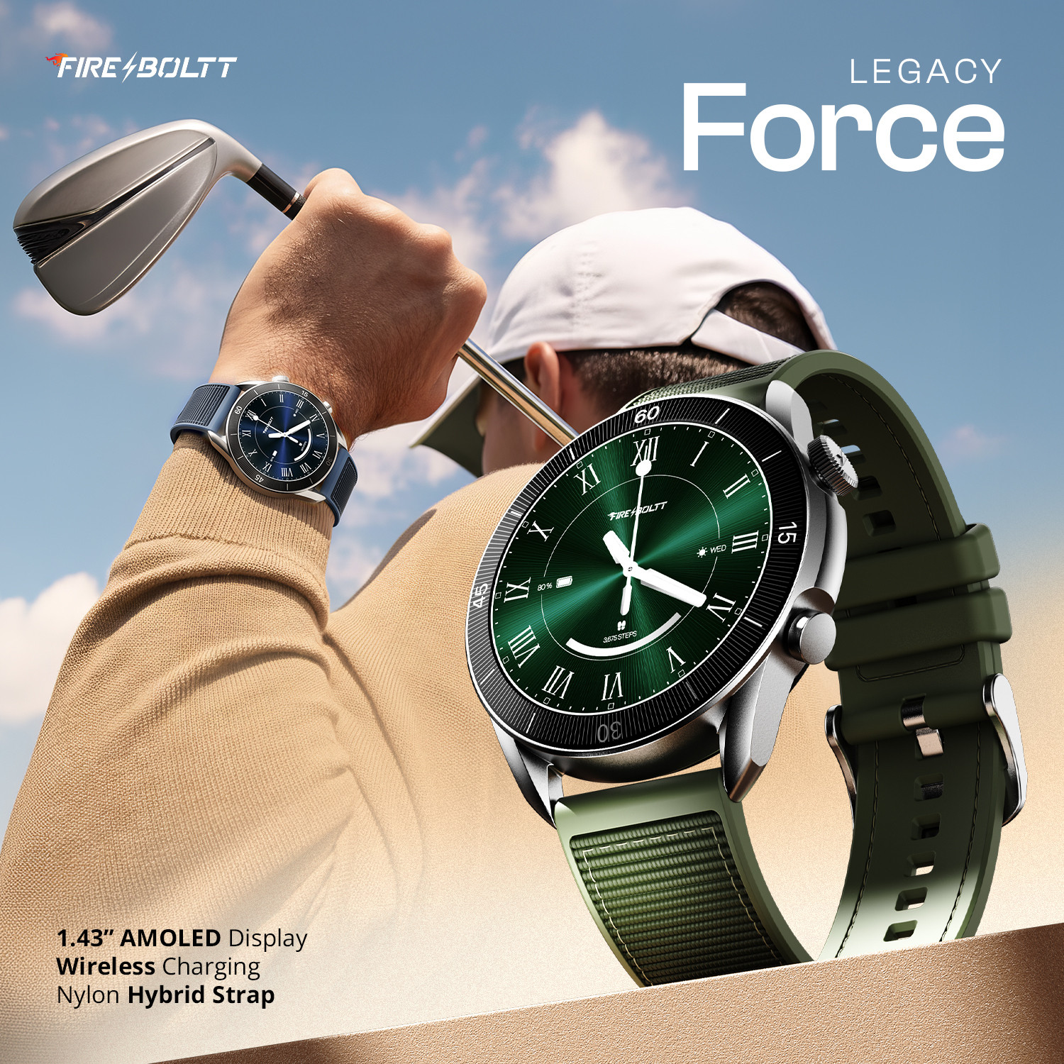 Image of Fire-Boltt Legacy Force 1.43 inch AMOLED Nylon Fluoroelastomer Hybrid Strap Rotating Crown Smartwatch