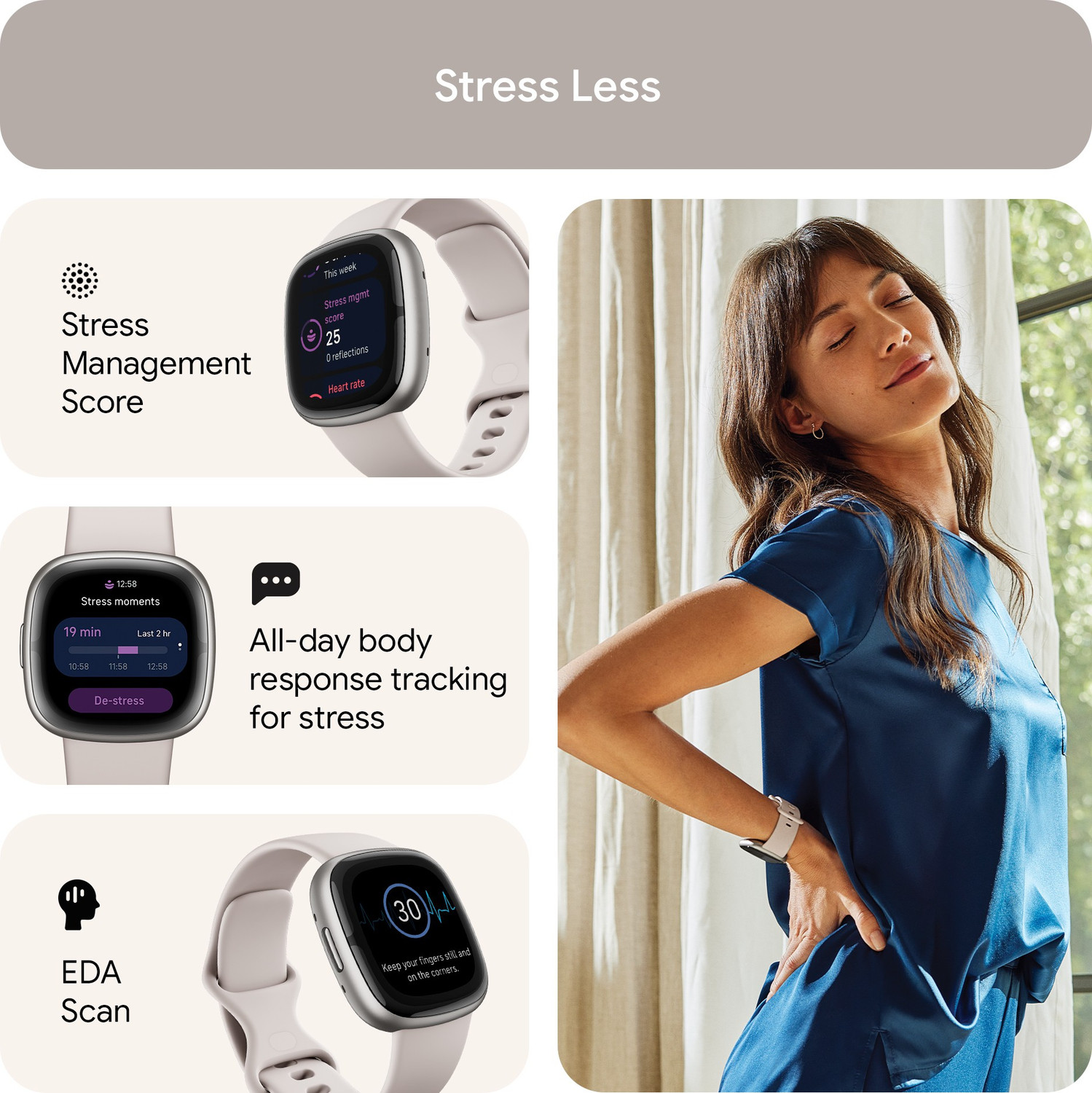 Image of FITBIT Sense 2 Health & Fitness Watch (Lunar White / Platinum Aluminium) Smartwatch
