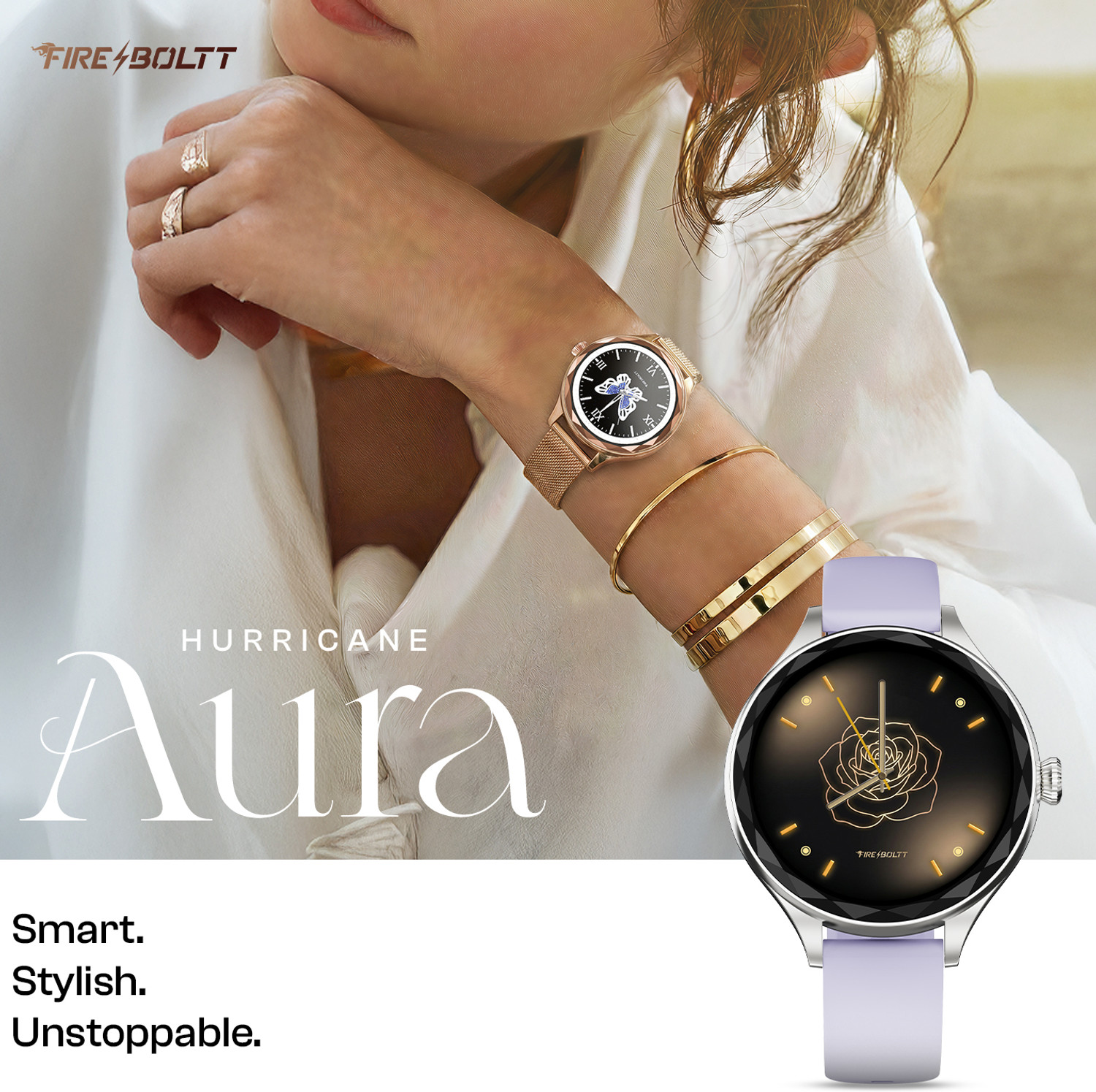Image of Fire-Boltt Hurricane Aura 1.26HD Display Diamond Cut Rotating Crown Wireless Charging Women Smartwatch
