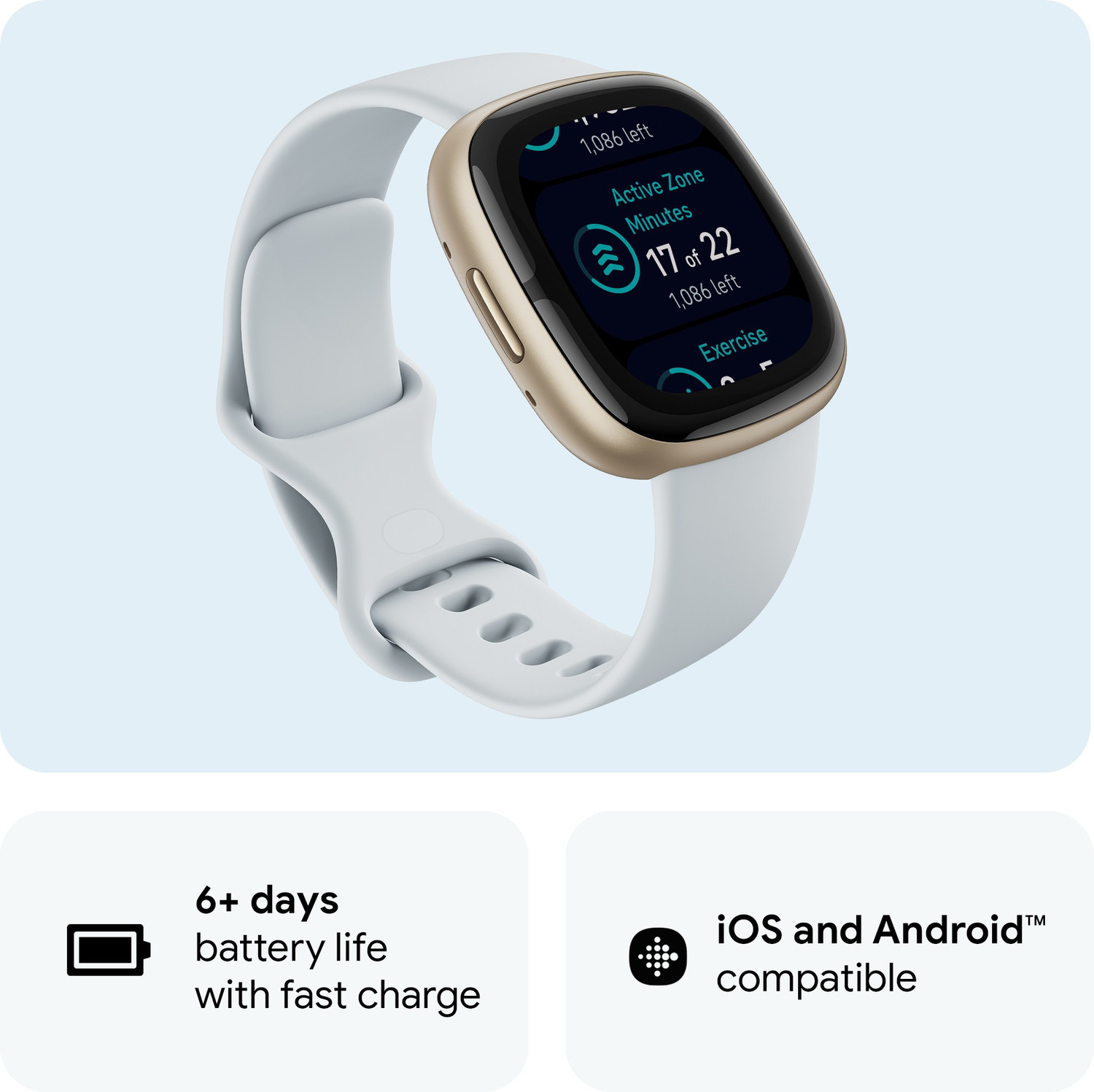Image of FITBIT Sense 2 Health & Fitness Watch (Blue Mist / Soft Gold Aluminium) Smartwatch