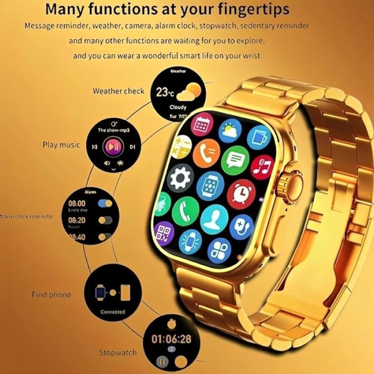 Image of TAXTURE S9 Ultra Gold smartwatch with two strap Wireless charger and Bluetooth calling Smartwatch
