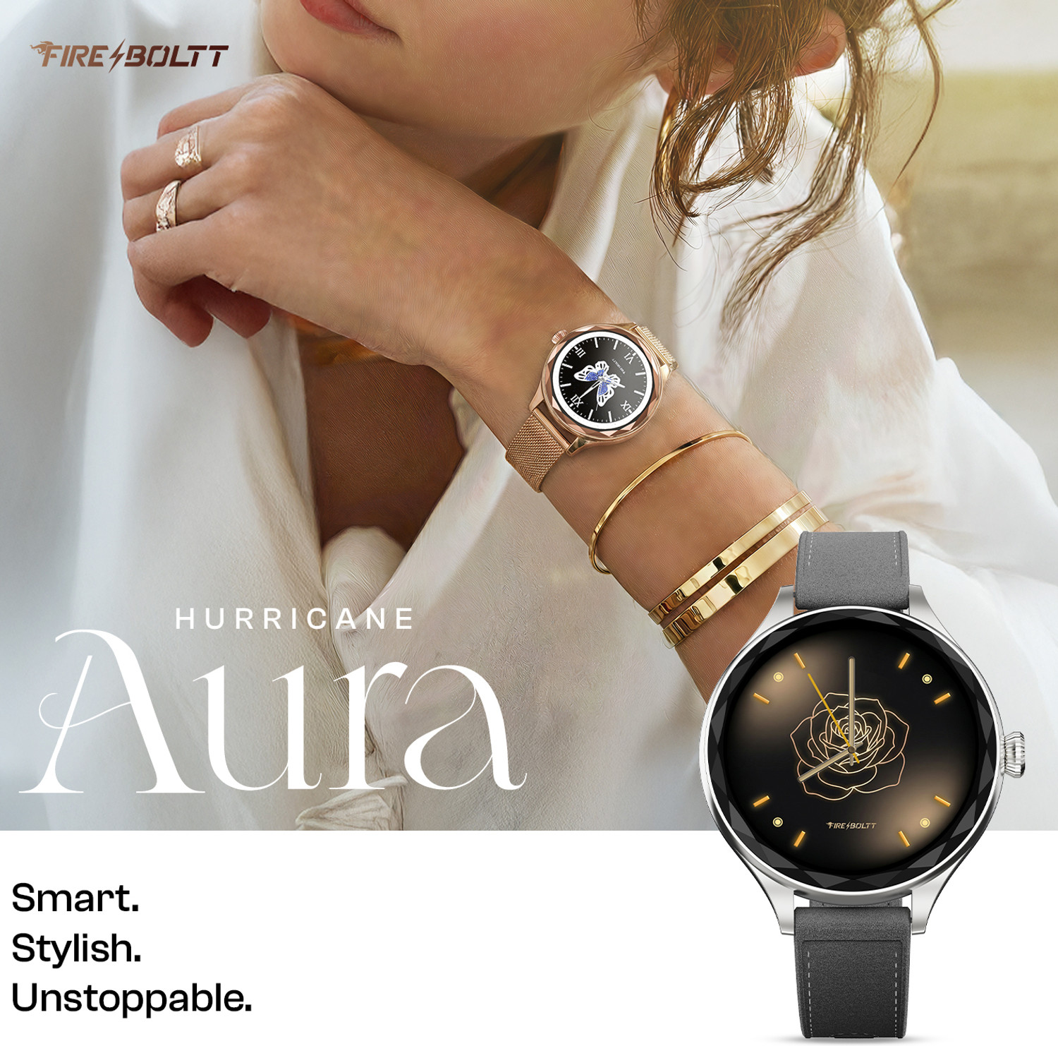 Image of Fire-Boltt Hurricane Aura 1.26HD Display Diamond Cut Rotating Crown Wireless Charging Women Smartwatch