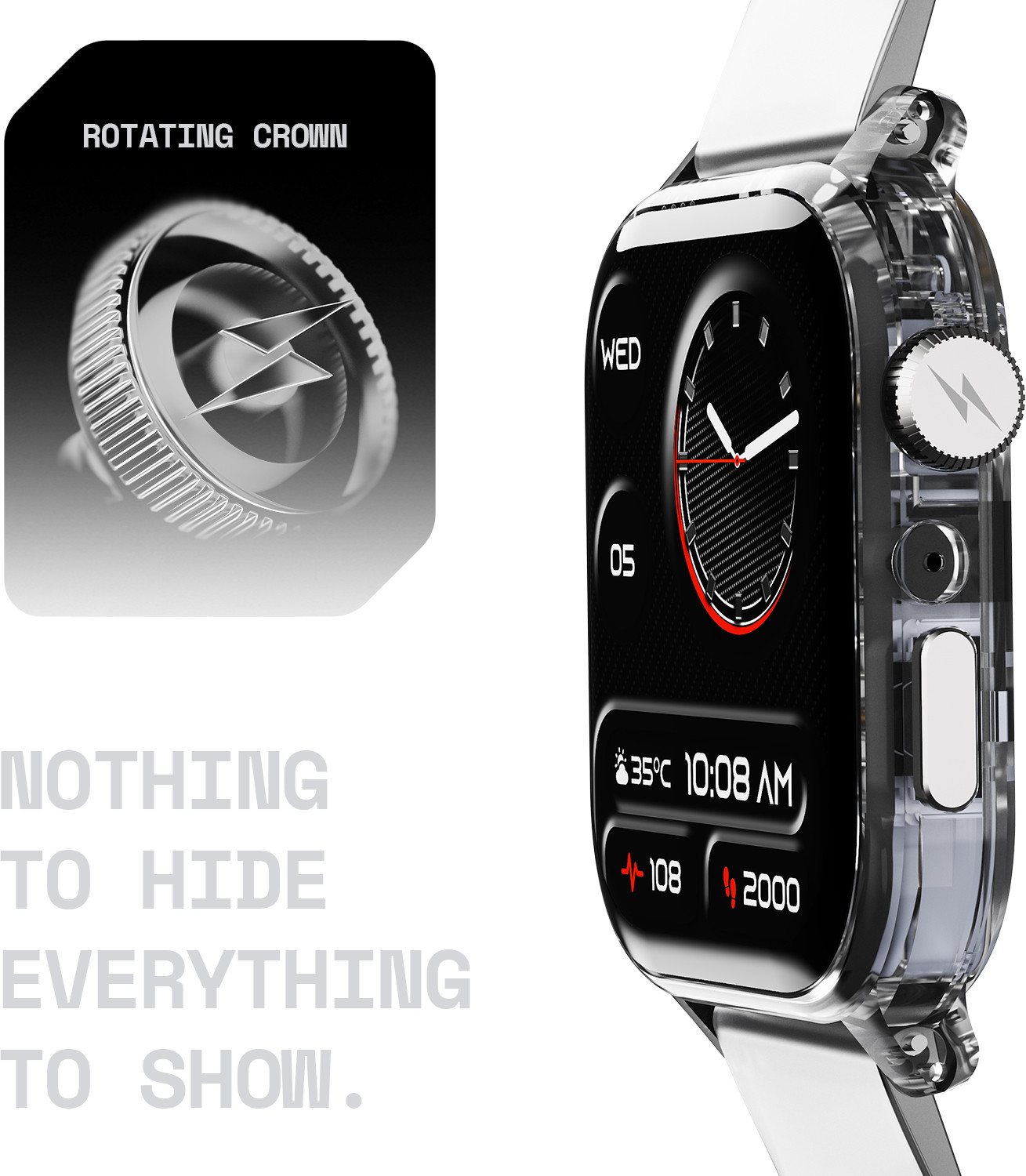 Image of Fire-Boltt Rise Phantom 1.85 Display Transparent Clear Body Design Rotating Button BT Call Smartwatch