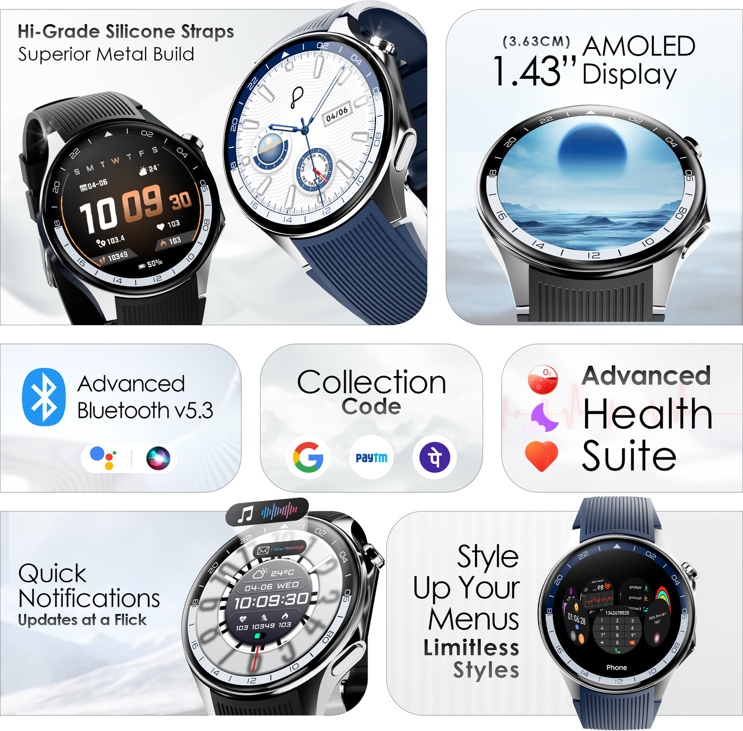 Image of Pebble Gravity 1.43inch AMOLED,700 Nits Brightness BT Calling,QR Pay & Digital Compass Smartwatch
