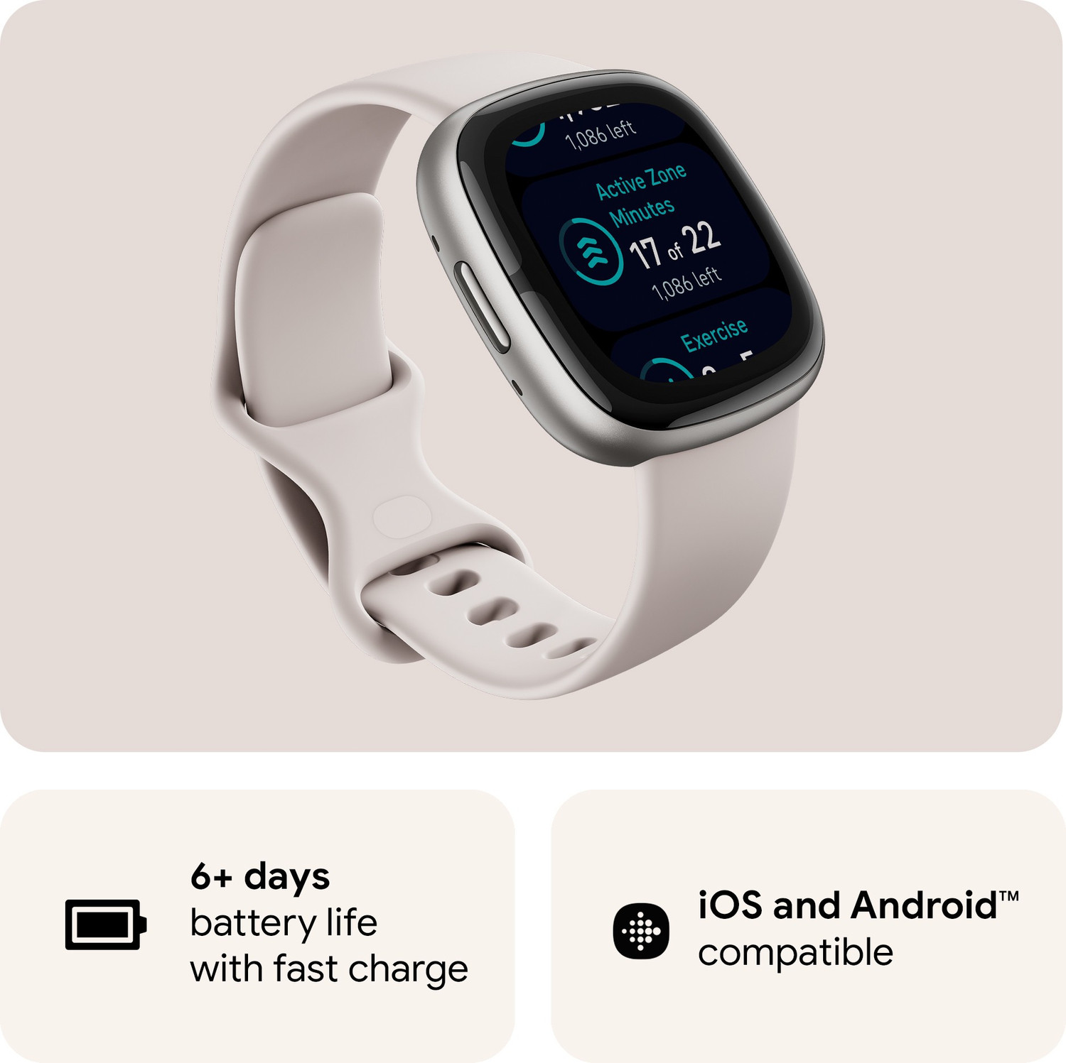 Image of FITBIT Sense 2 Health & Fitness Watch (Lunar White / Platinum Aluminium) Smartwatch