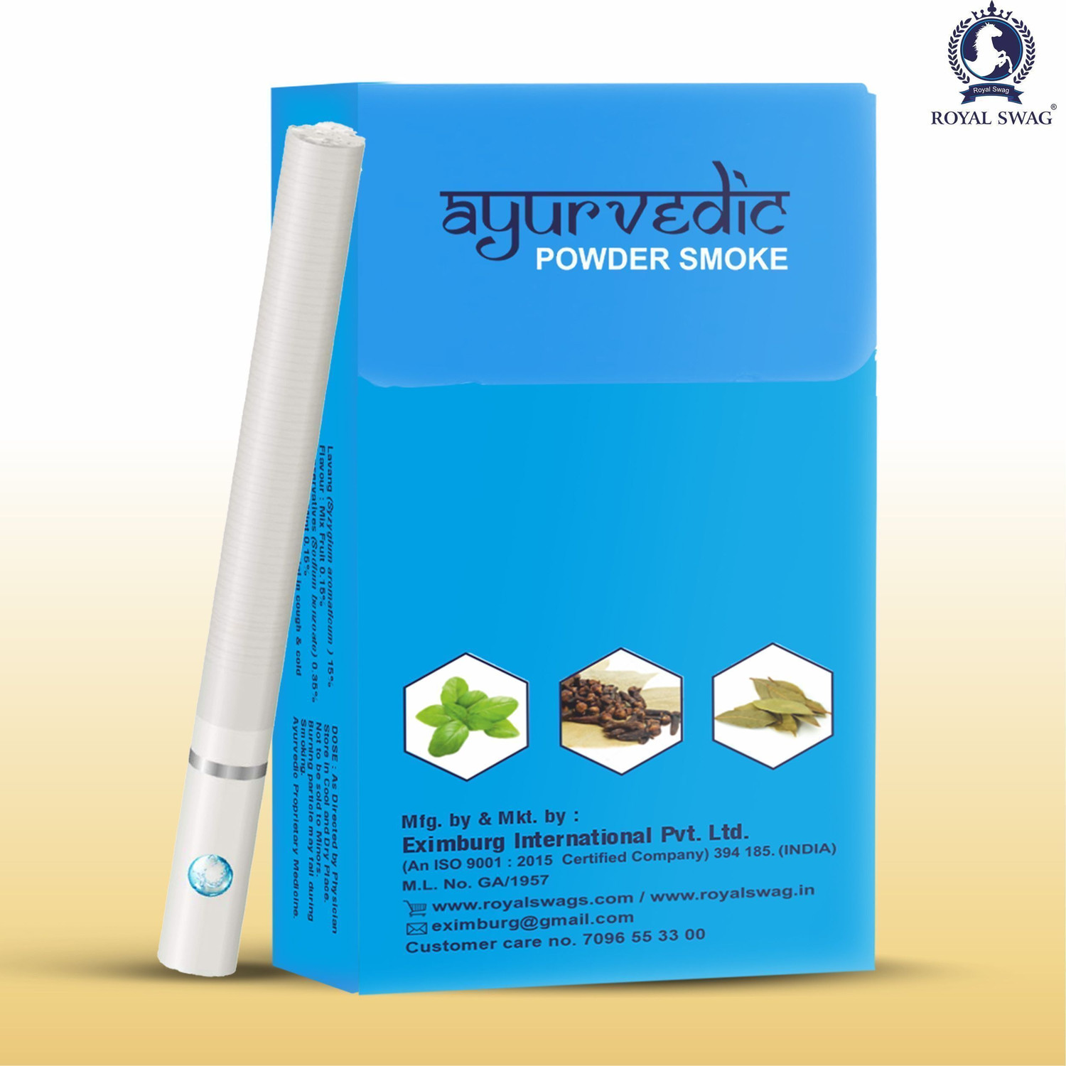 Image of ROYAL SWAG Ayurvedic Herbal Cigarettes PAAN, Mint Flavor - 20 Sticks Ayurvedic Dhumapana Smoking Cessations