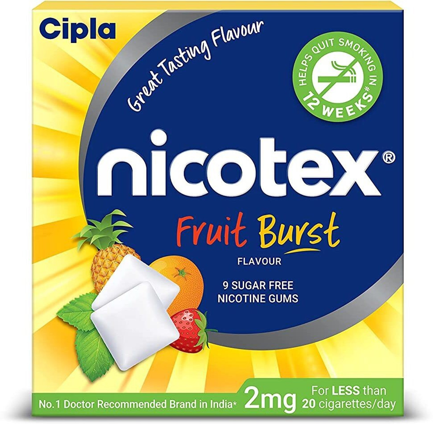 Image of Cipla Nicotex Nicotine Sugar Free Fruit Burst Gums 2mg | Helps to Quit Smoking | WHO - approved Therapy | 9 Gums each pack Smoking Cessations
