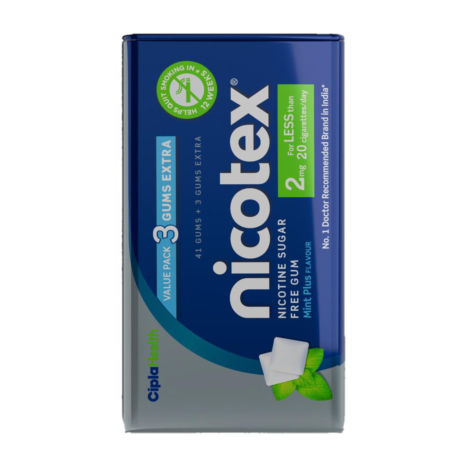 Image of Cipla Nicotex Nicotine MintPlus Gums 2mg | 44 Each Pack | Helps to Quit| Smoking Cessations