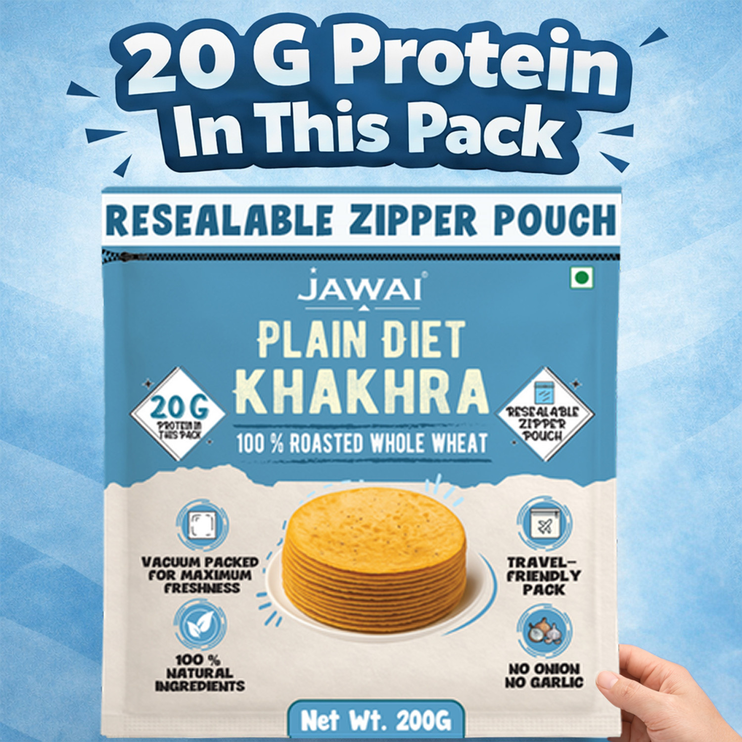 Image of JAWAI Roasted Plain Diet Khakhra | Indian Snacks| Healthy Snack| Pack of 4 - 200g Each Khakhra