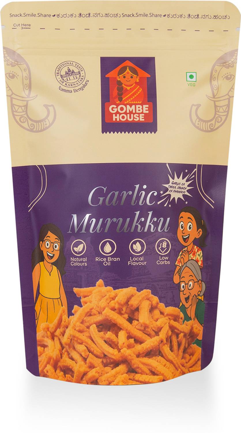 Gombe House Garlic Murukku Sticks Spicy Garlic Sev Style, No Maida, Tea Time Namkeen Muruku