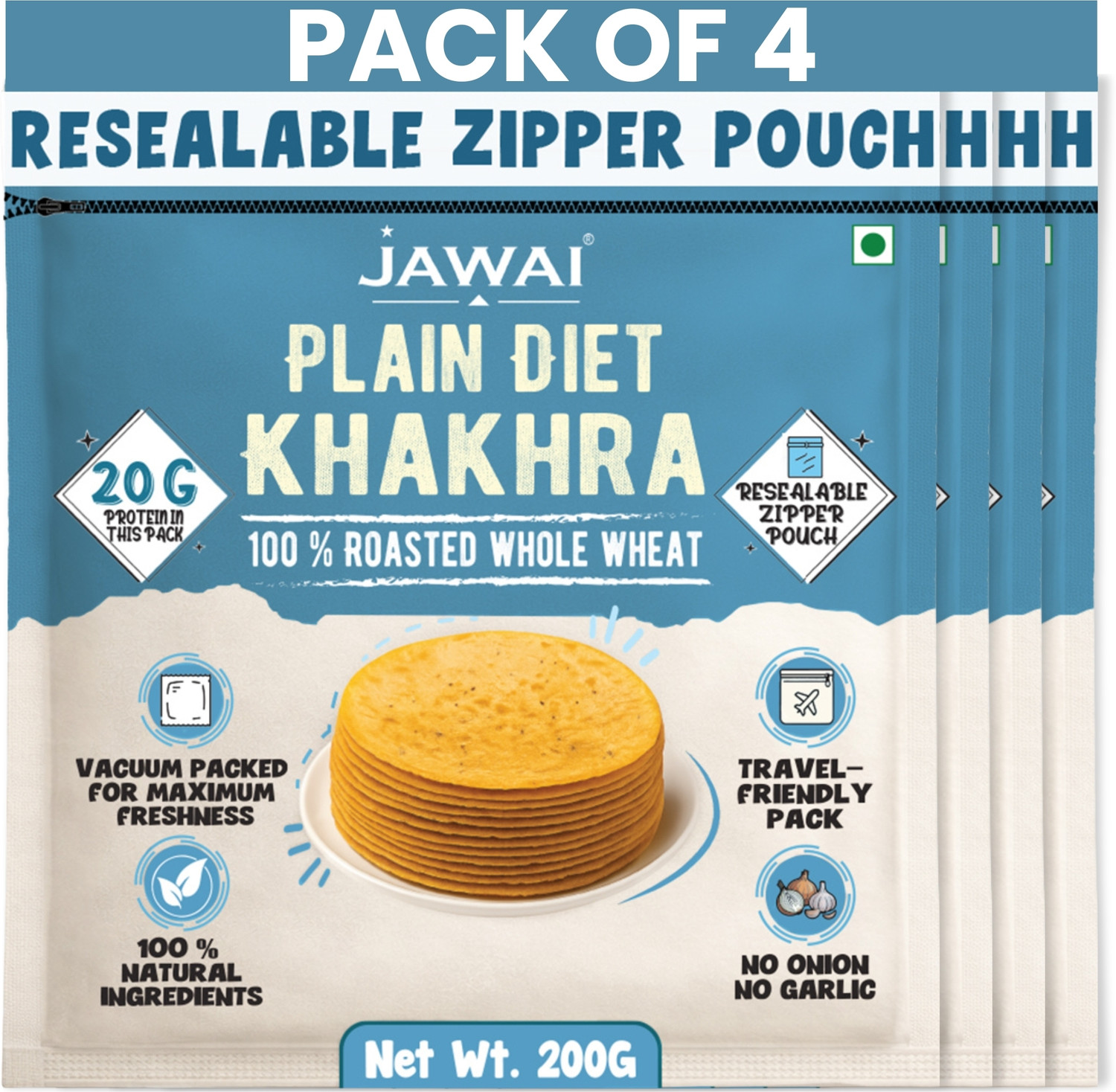 Image of JAWAI Roasted Plain Diet Khakhra | Indian Snacks| Healthy Snack| Pack of 4 - 200g Each Khakhra