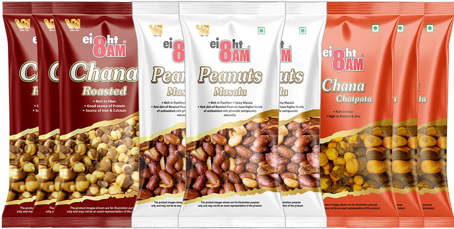 8AM Roasted Chana 40g x 3, Chana Chatpata 40g x 3, Peanut Masala 50g x 3, Combo Pack Roasted & Salted Peanuts
