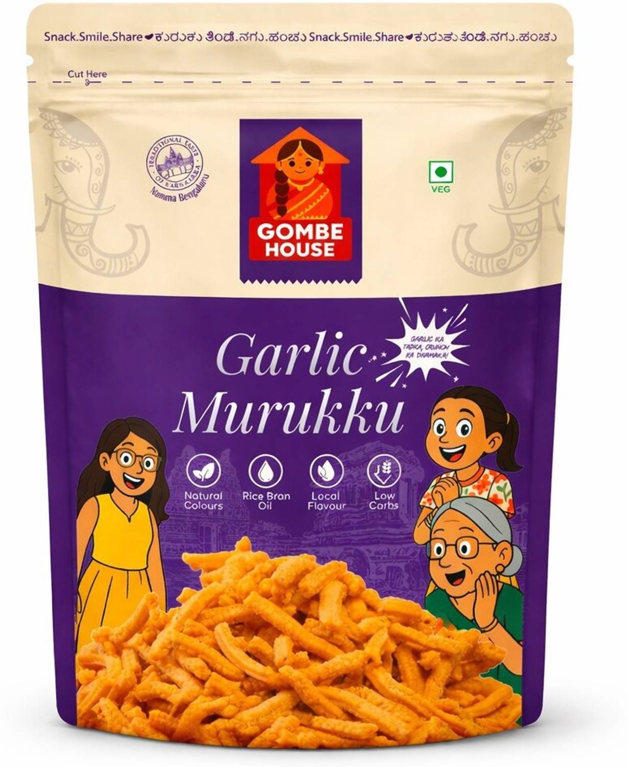 Gombe House Garlic Murukku Sticks Spicy Garlic Sev Style, No Maida, Tea Time Namkeen Muruku