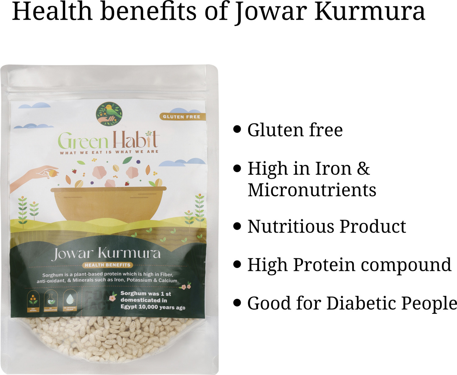 Image of Green Habit Jowar Kurmura Murmura aka Jowar Puff for Healhty Breakfast Snack Food Bhel