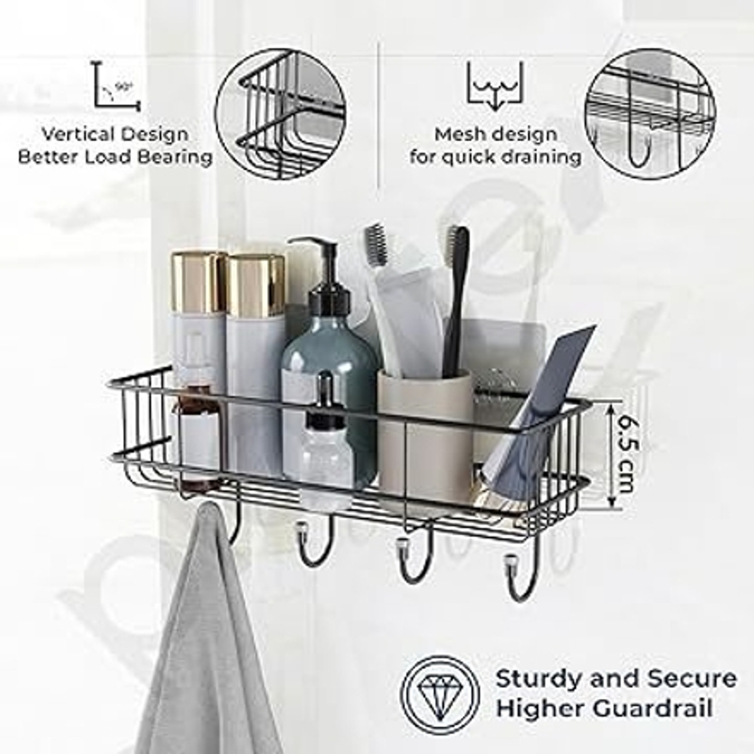 Image of MY International METAL BATHROOM WALL SHELF WITH 4 HOOK FOR BATHROOM SHOWER