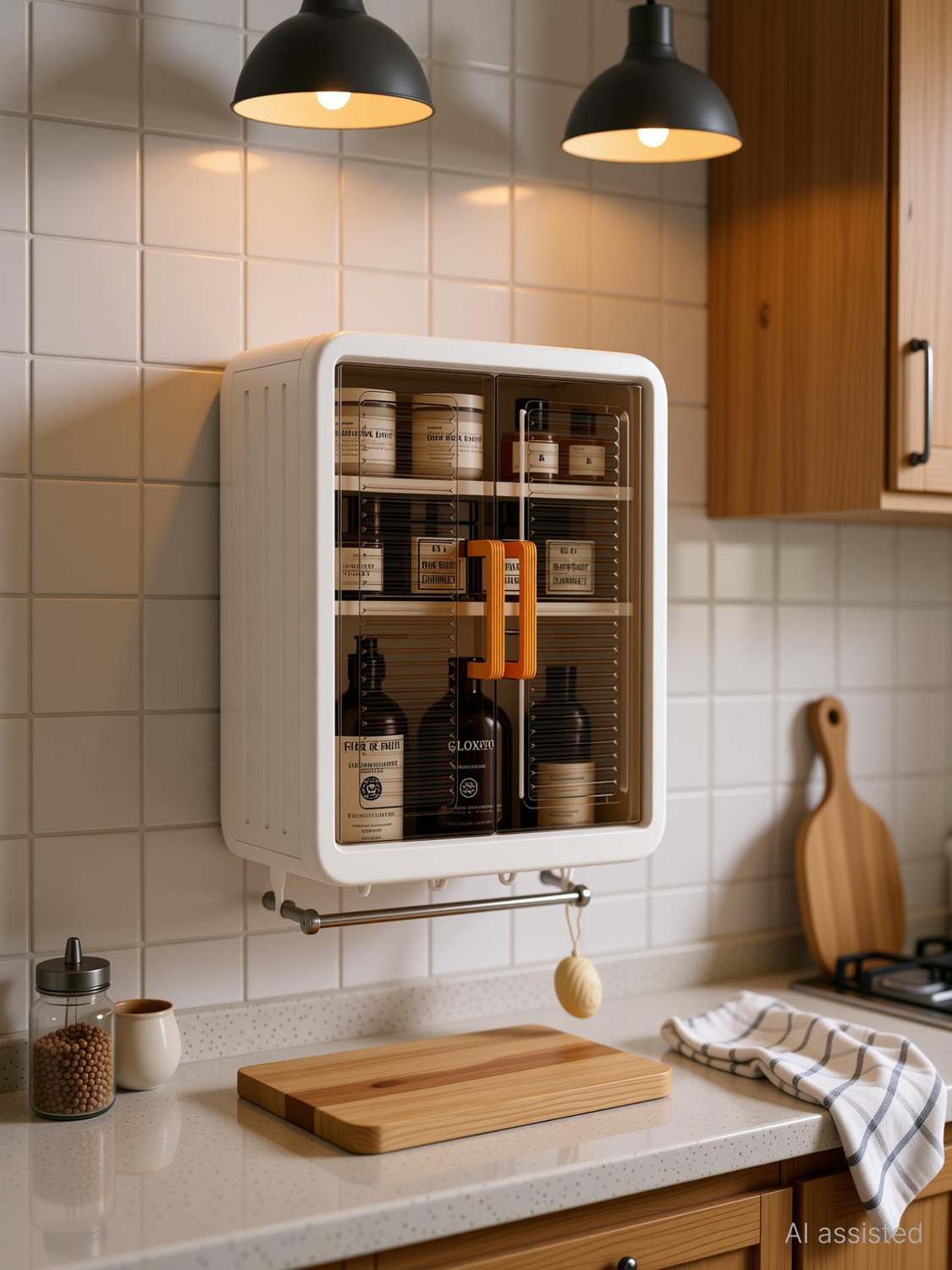 Image of GLOXY 3 Layer Self Adhesive No Drill Storage Cabinet Organiser for Bathroom Kitchen 12 inch 2 Bar Towel Rod