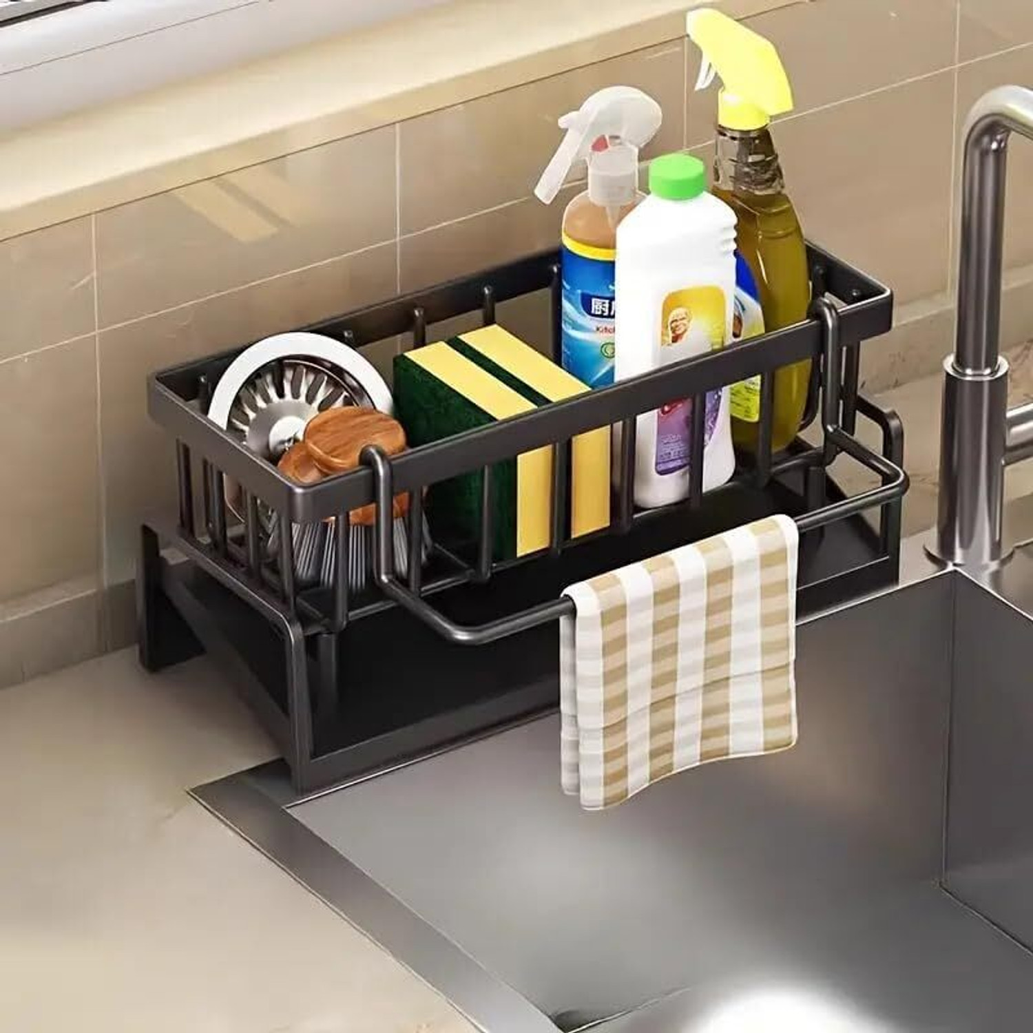 Image of SBValueMart Dish Drainer Kitchen Rack Steel Rustproof Metal Kitchen Sink Organizer Rack with Auto-Drain Tray