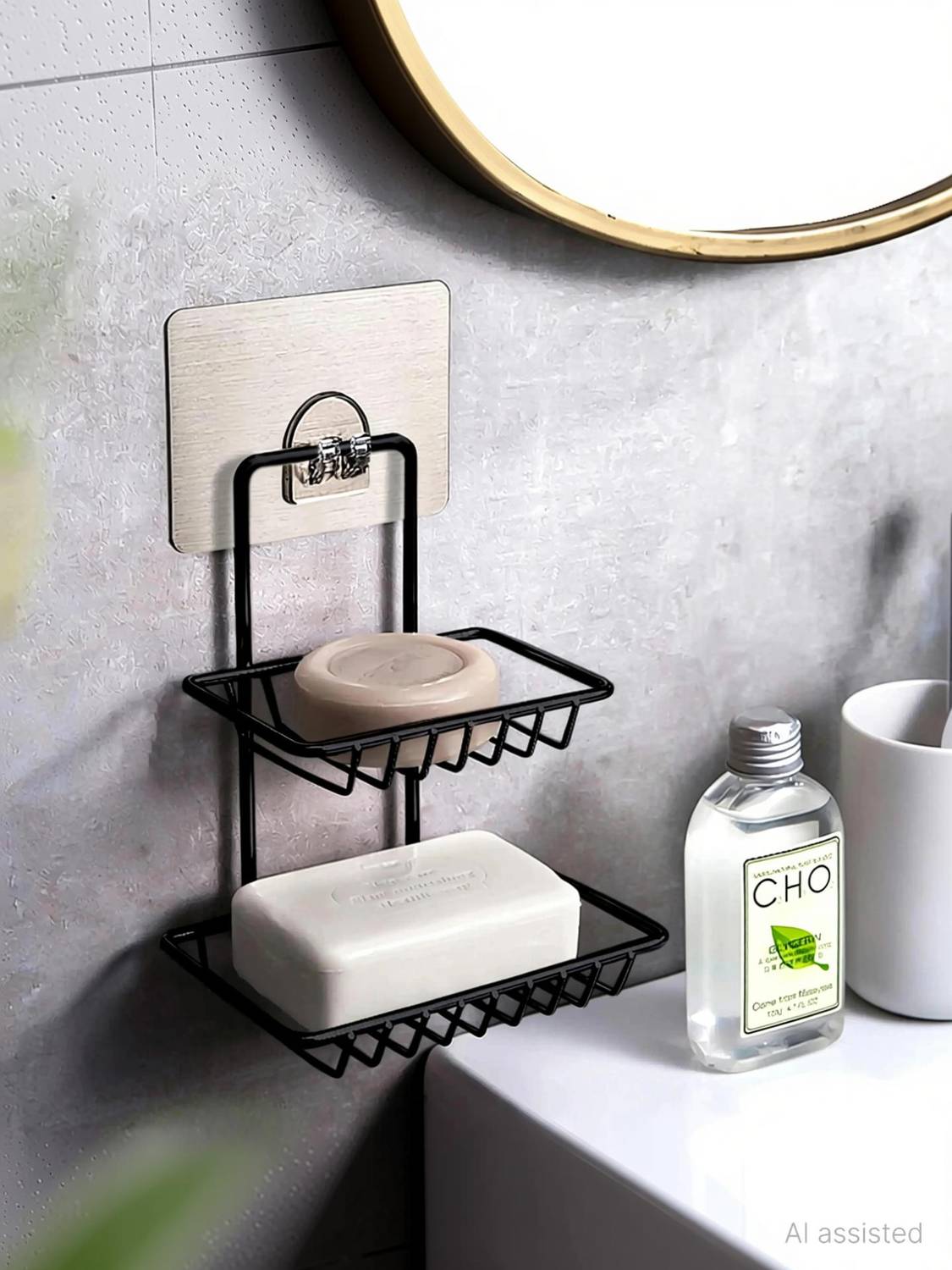 anjil Wall Mounted Metal Soap Holder with Double Rack | Adhesive Bathroom Organizer