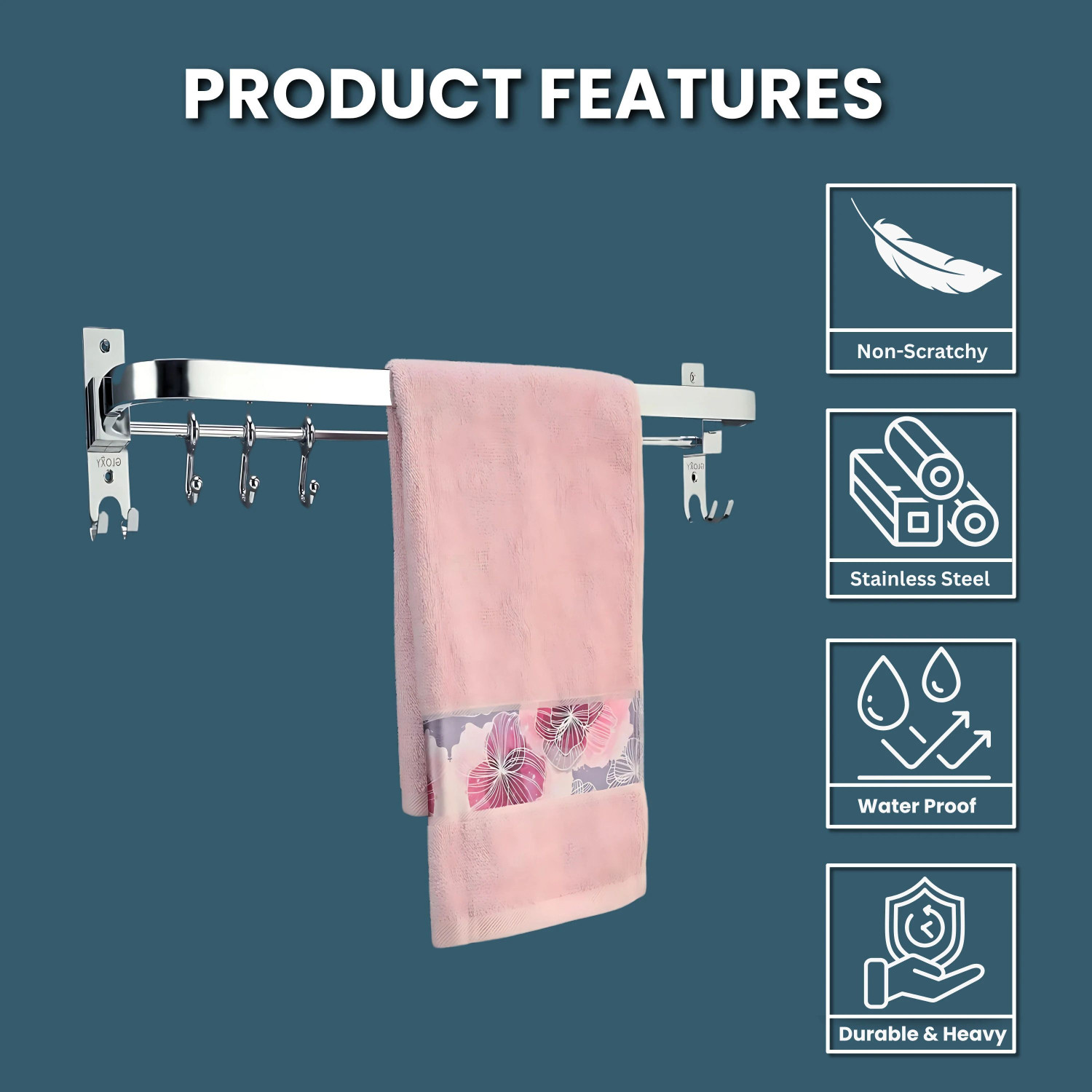 Image of GLOXY Stainless Steel 24 Inch Foldable Bathroom Towel Rod with Hooks | Towel Rod