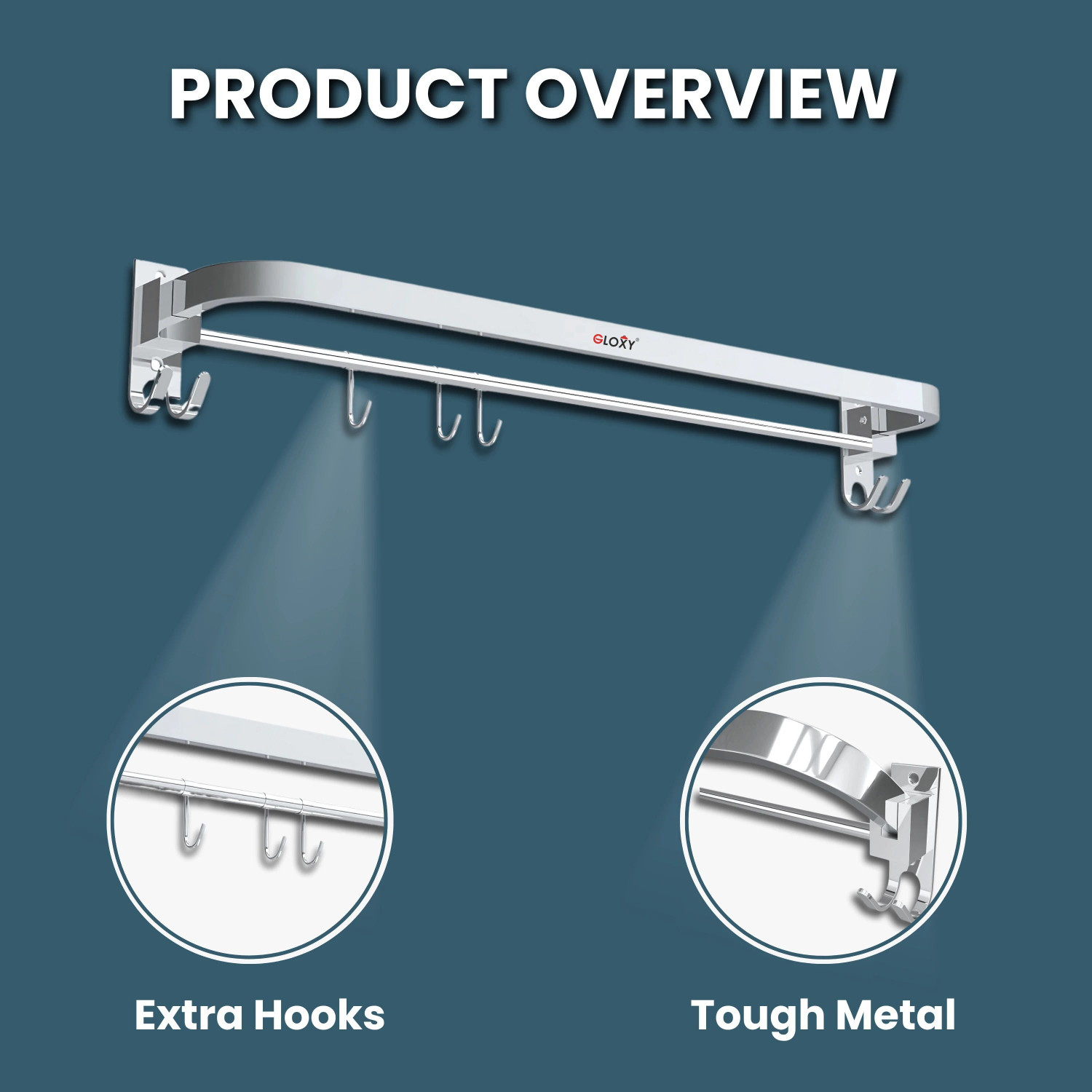 Image of GLOXY Stainless Steel 24 Inch Foldable Bathroom Towel Rod with Hooks | Towel Rod