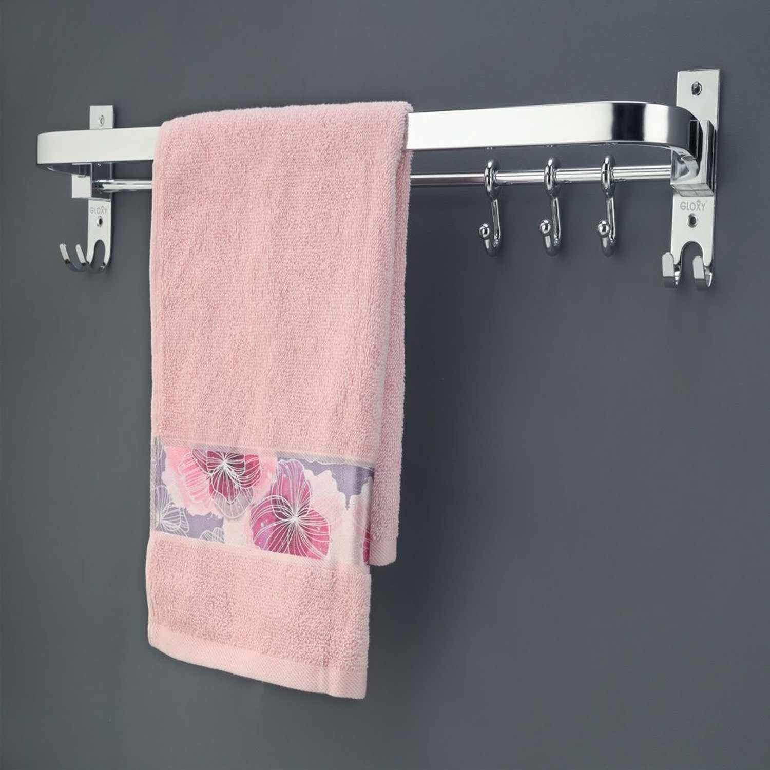 Image of GLOXY Stainless Steel 24 Inch Foldable Bathroom Towel Rod with Hooks | Towel Rod