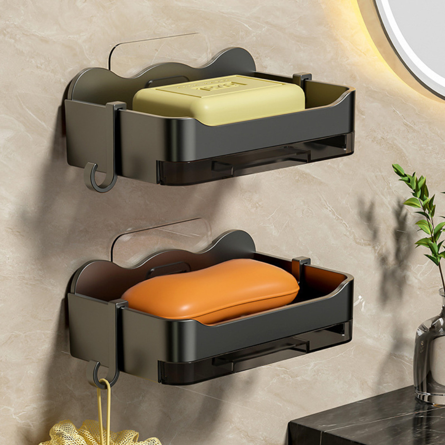 Image of MorivaHomes No-Drilling Wall Mounted Soap Stand Holder With Drain Tray And Hook For Bathroom