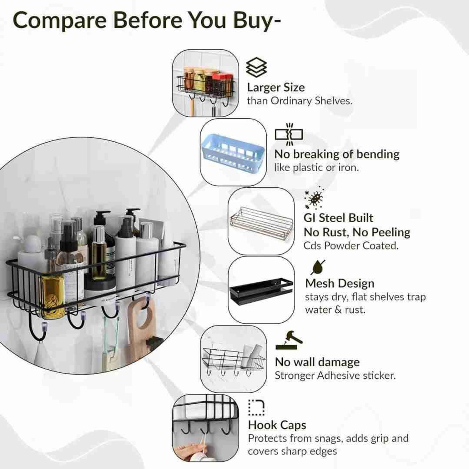 Image of MY International METAL BATHROOM WALL SHELF WITH 4 HOOK FOR BATHROOM SHOWER