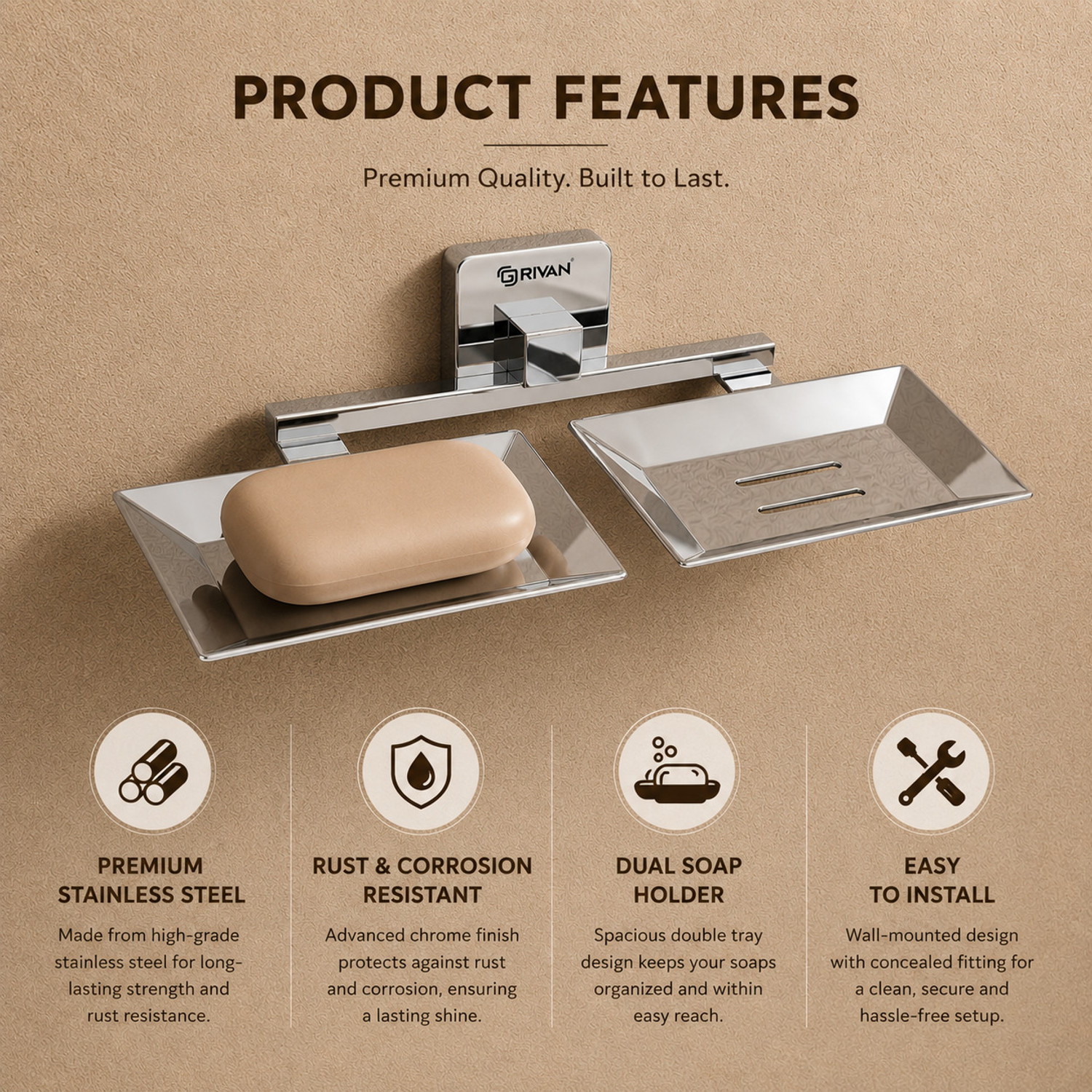 Image of GRIVAN Soap Dish Holder, Self Adhesive Wall Mounted Soap Sponge Holder Stainless Steel Storage Saver Rack for Home Kitchen & Bathroom