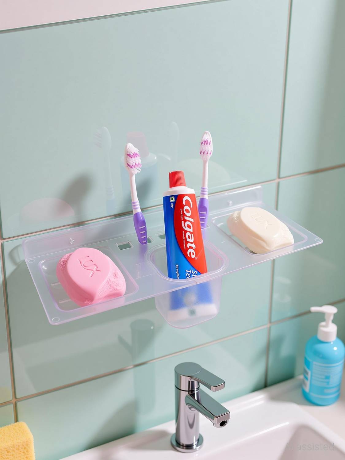 Bathly ABS Plastic 4 in 1 Multipurpose Kitchen/Bathroom Shelf/Paste-Brush Stand/Soap Stand/Tumbler Holder/Bathroom Accessories