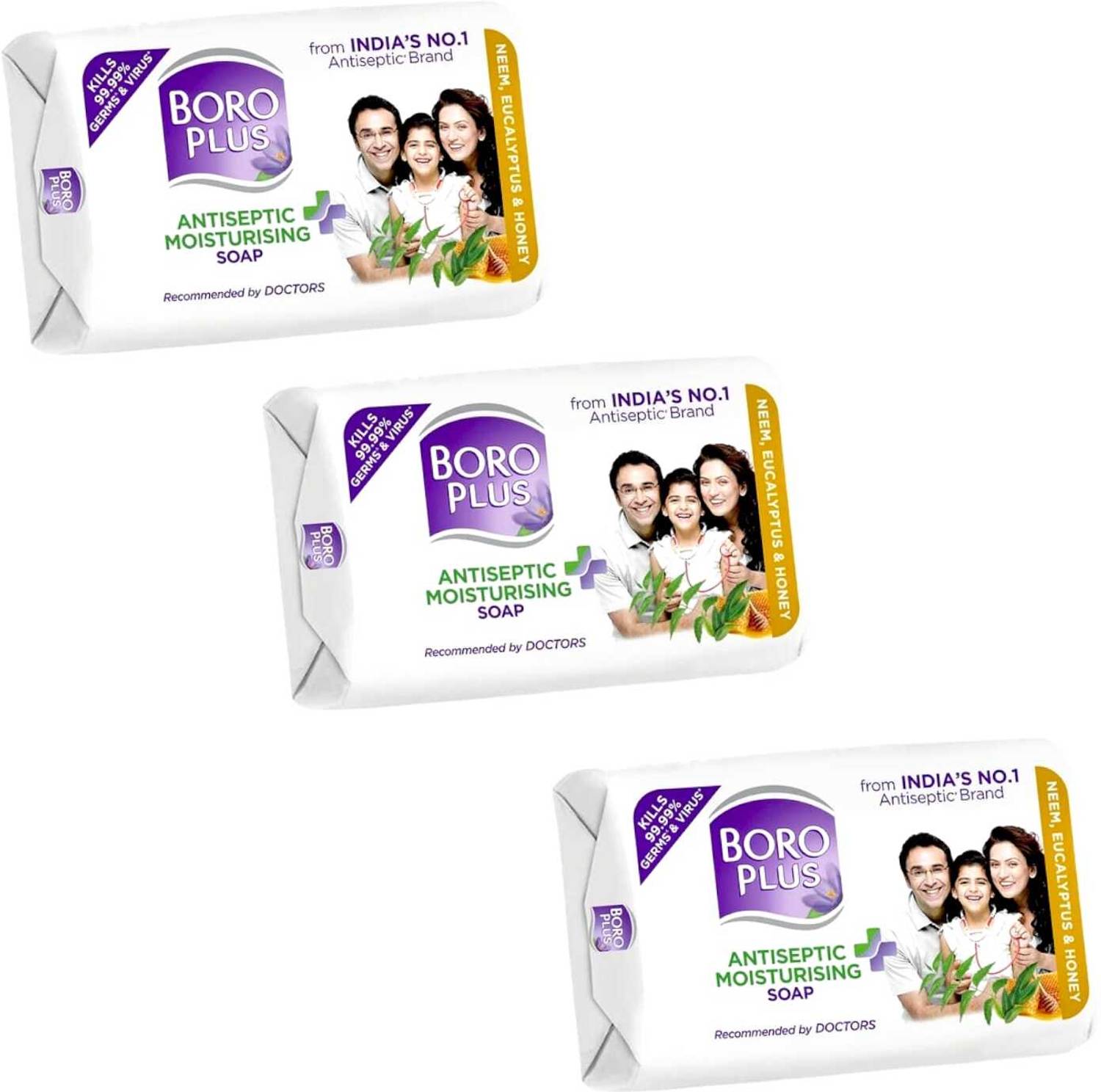 BOROPLUS Antiseptic + Moisturing Soap with Neem, Eucalyptus & Honey 125g x 3