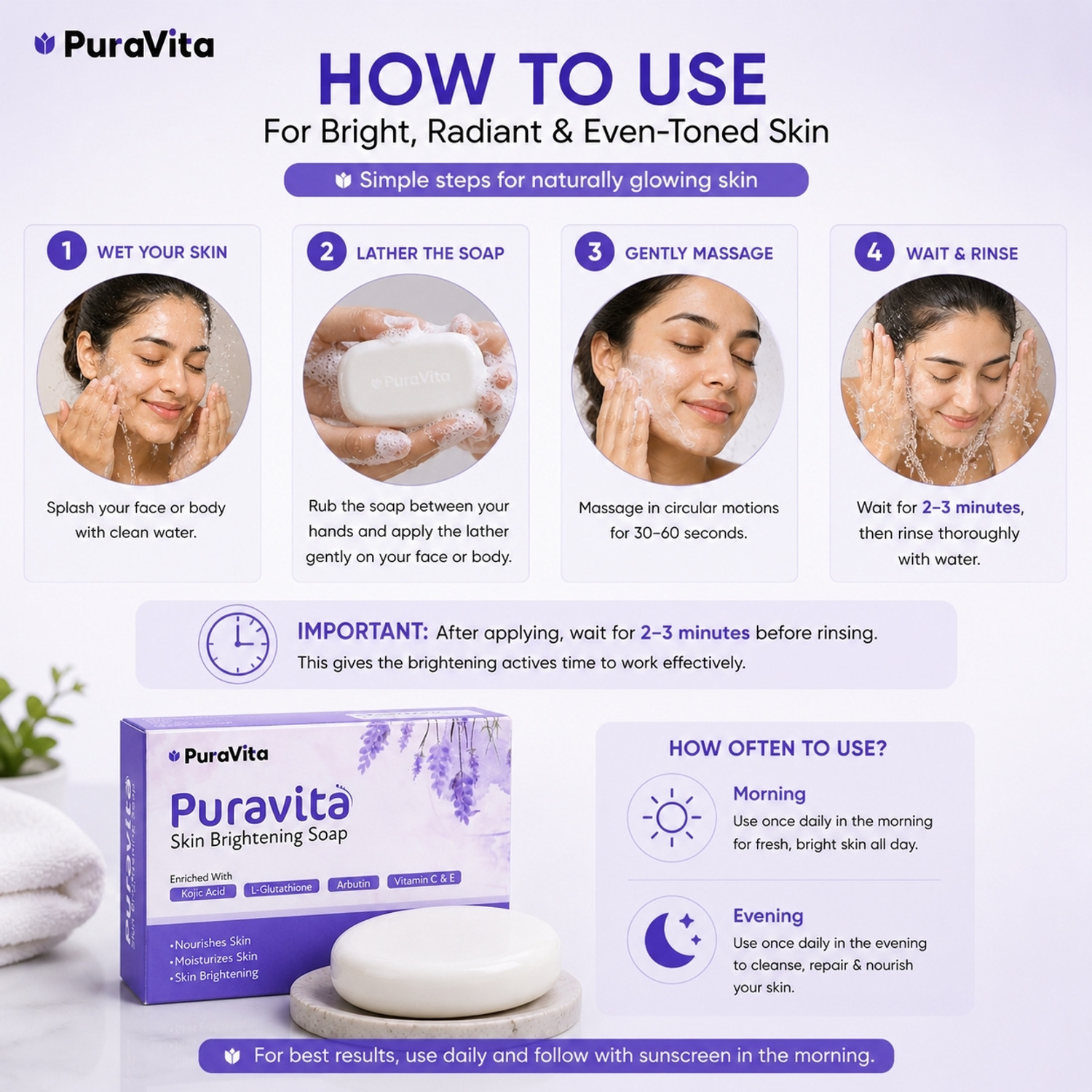 Image of PuraVita Kojic Acid Soap with Glutathione for Skin Brightening and Tan Removal Men Women
