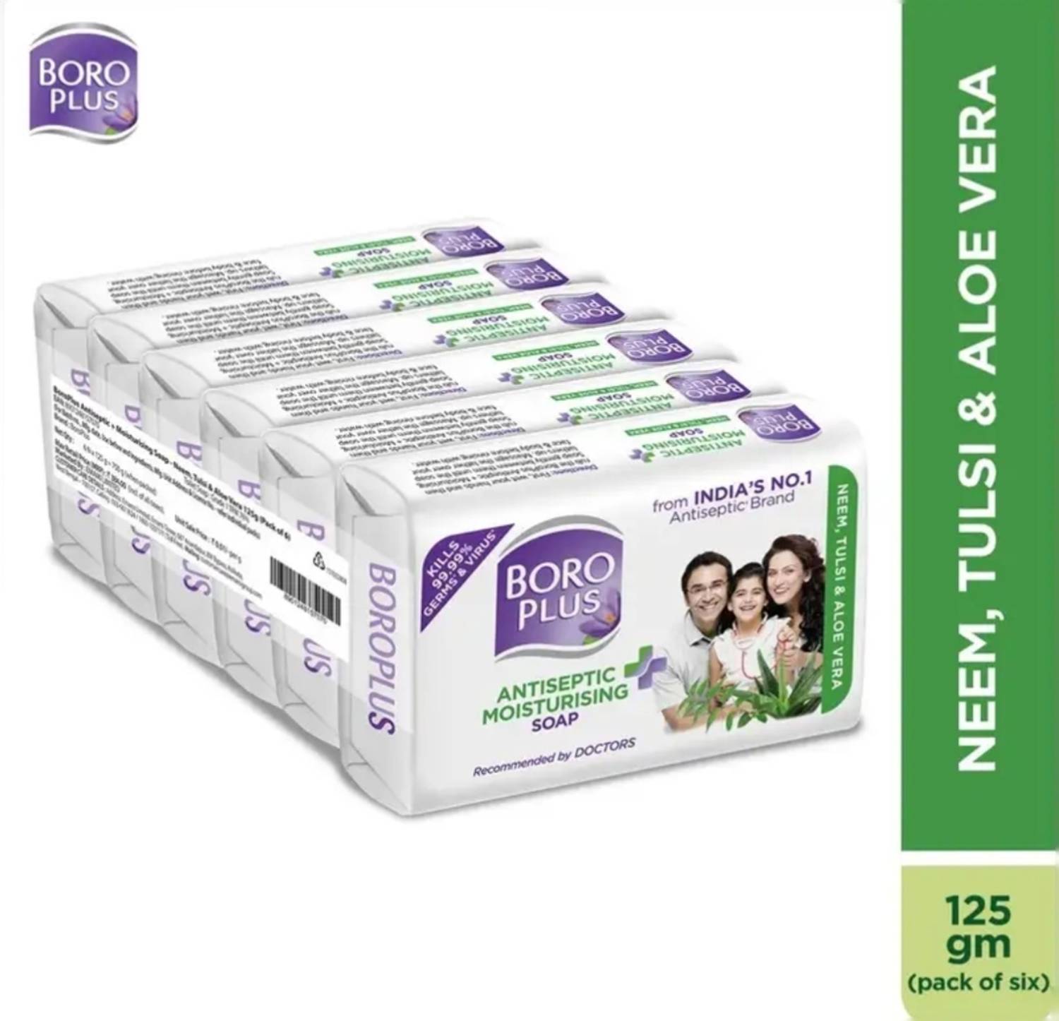 BOROPLUS Moisturising Soap Neem,Tulsi & Aloe Vera Soap 125gm (Pack Of 6)