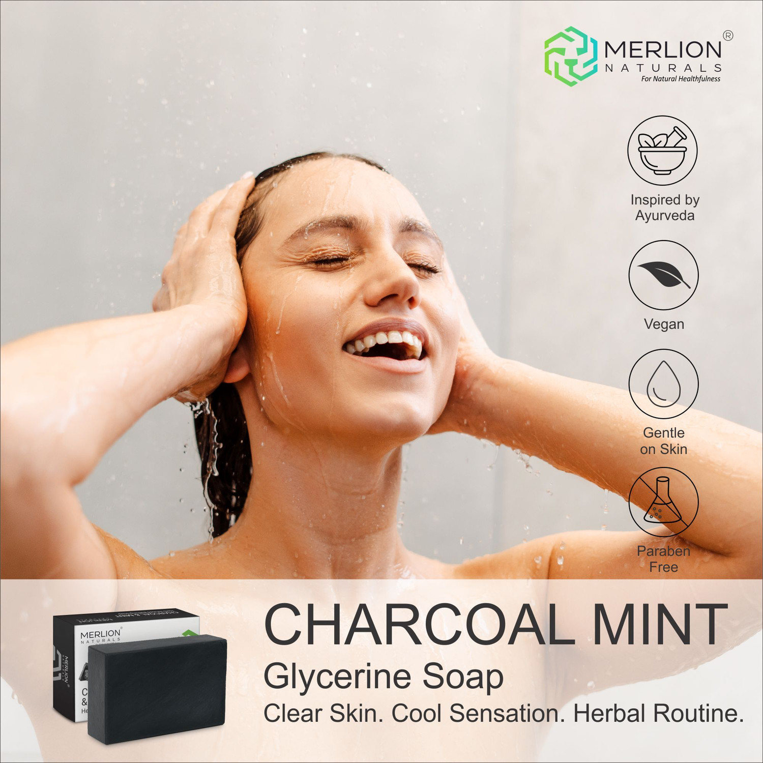 Image of Merlion Naturals Charcoal & Mint Glycerine Soap 100gm X 3 Pcs, Herb Infused Bathing Soap