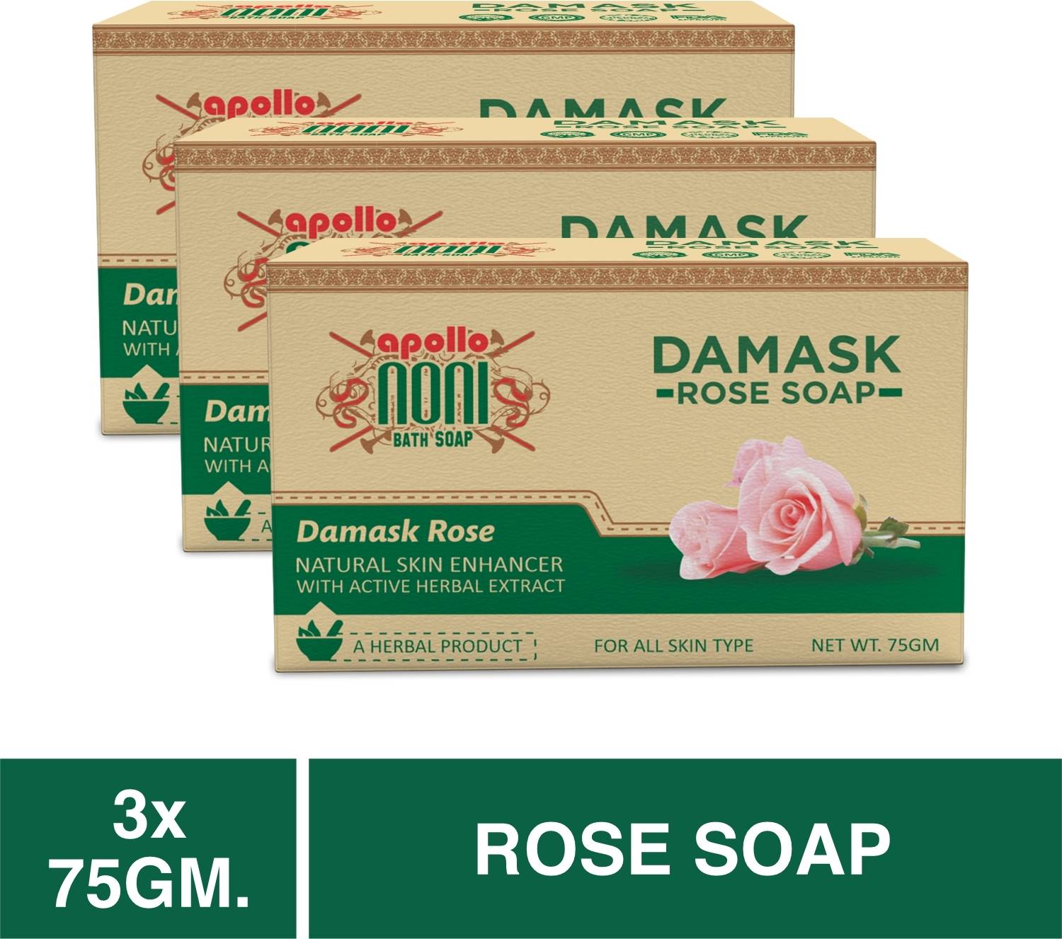 Apollo Noni Damask Rose Soap For All Skin Types | Herbal Bath Soap | Soap for Women & Men