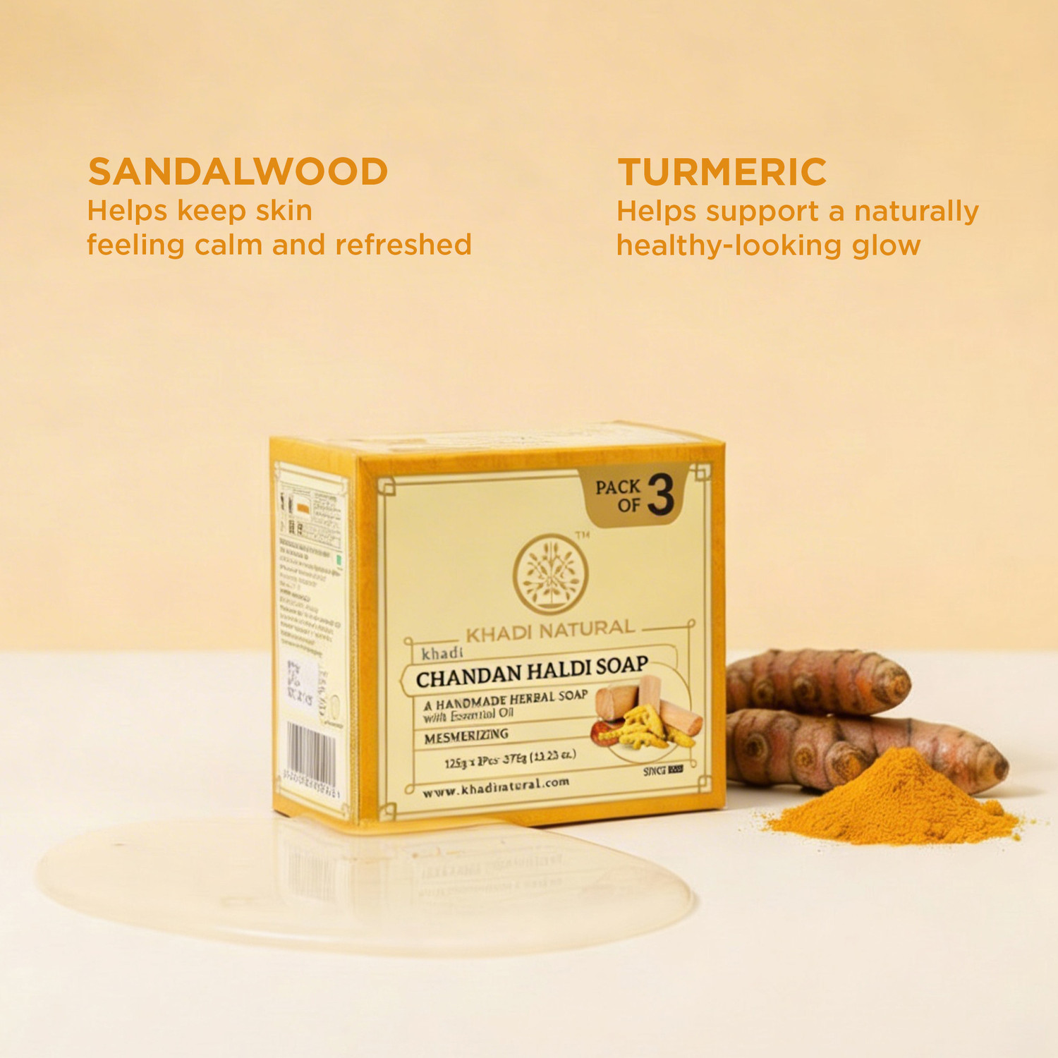 Image of KHADI NATURAL Chandan Haldi Soap for Soft Smooth Skin Pack of 3