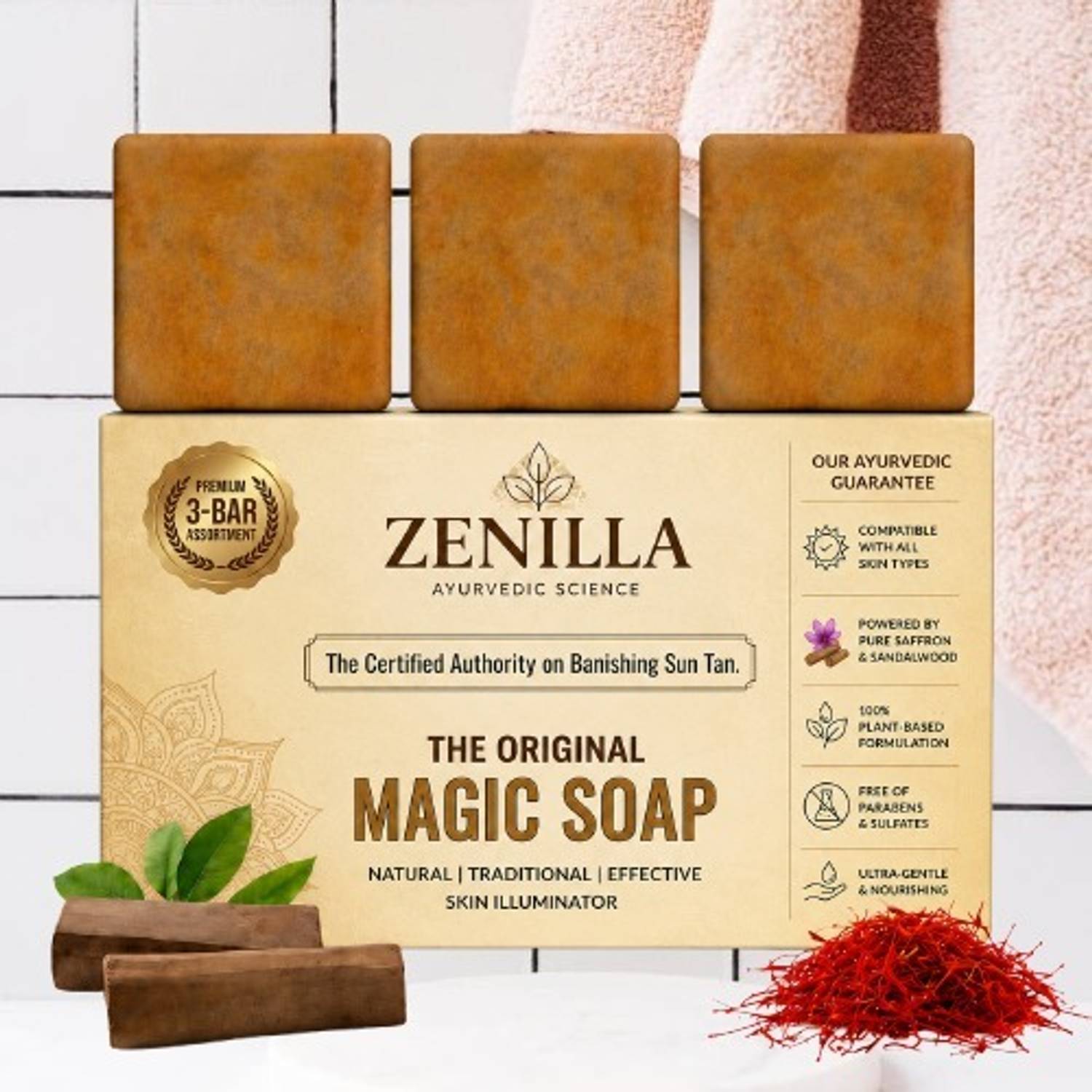 Zenilla D Tan Magic Soap Herbal Bath Bar Saffron Sandalwood Pack of 3