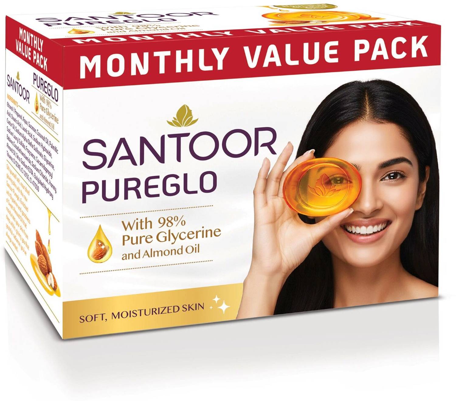 Santoor PureGlo Glycerine Bathing Bar Soap with Almond Oil for Nourished & Glowing Skin