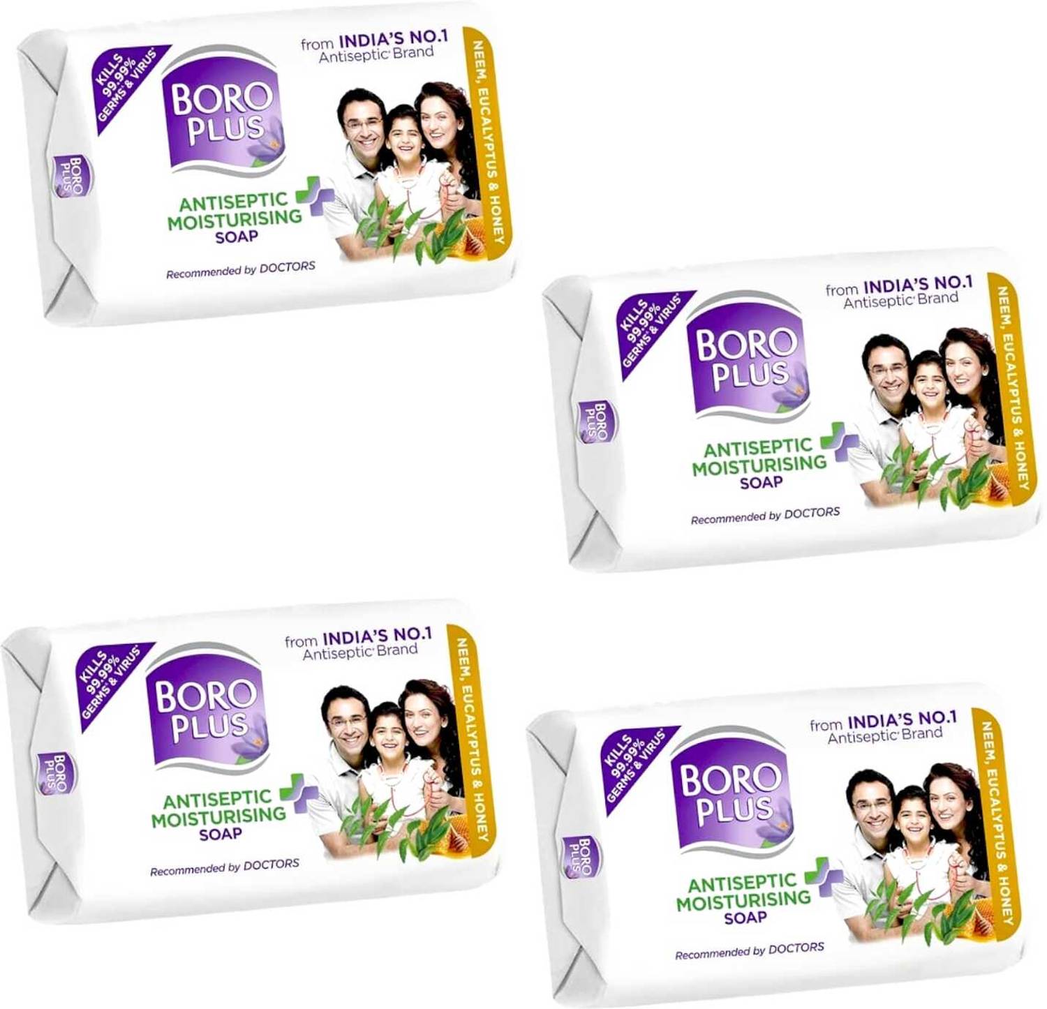 BOROPLUS Antiseptic + Moisturing Soap with Neem, Eucalyptus & Honey 125g x 4