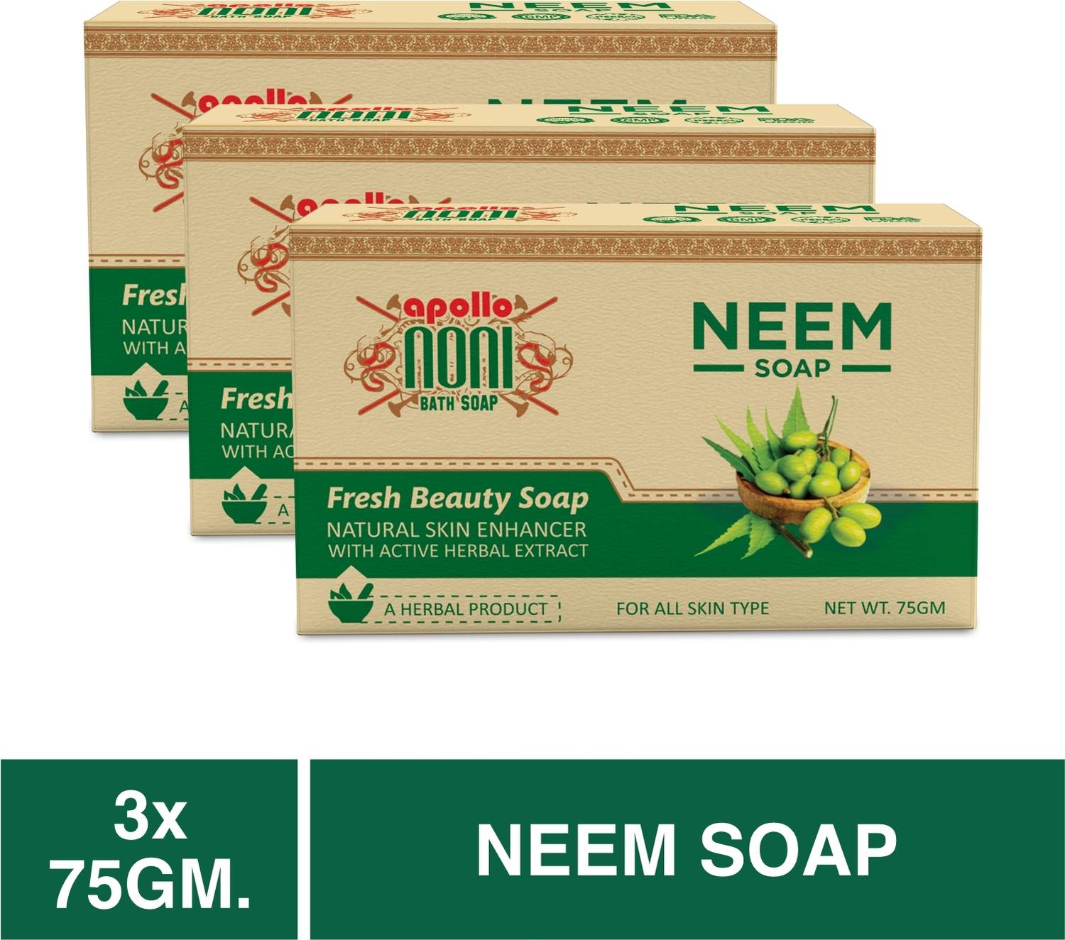 Apollo Noni Antibacterial Neem Soap For Acne-Free Skin | Herbal Bath Soap For Men & Women