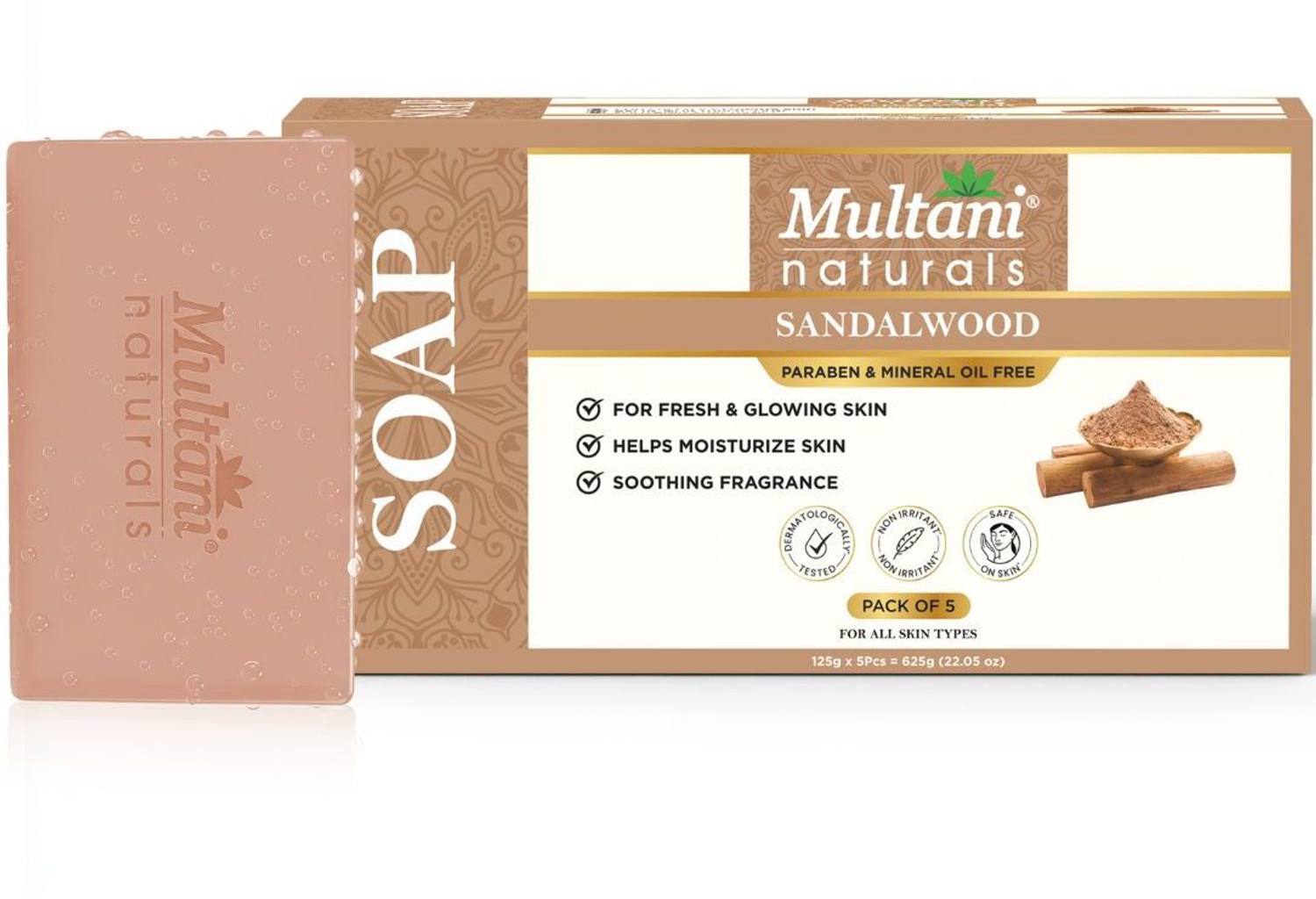 Image of Multani Natural Sandalwood Handmade Soap (Pack of 5) | Hydrates & Rejuvenates Dry Skin -
