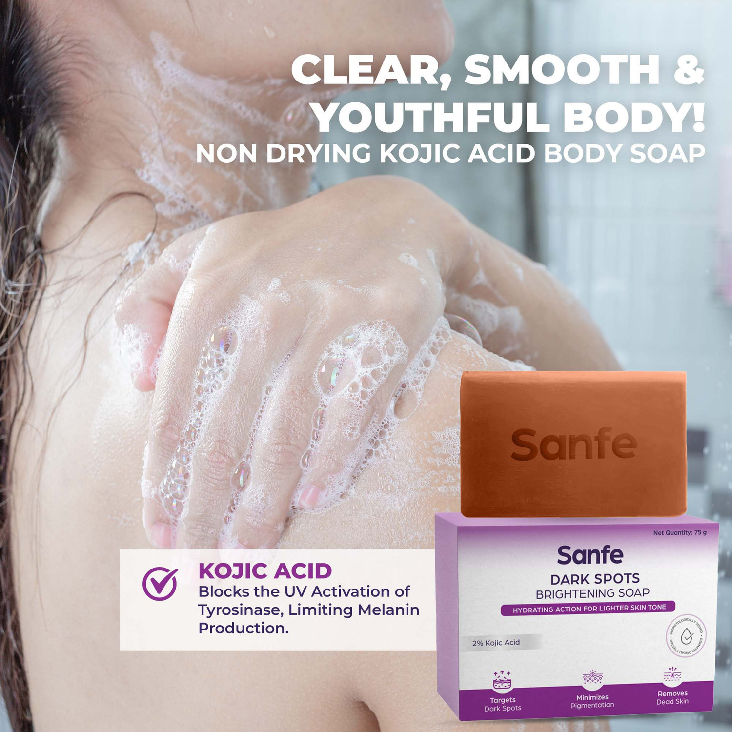 Image of Sanfe Dark Spots Brightening Soap |2% Kojic Acid & Glutathion| Prevents New Blemishes