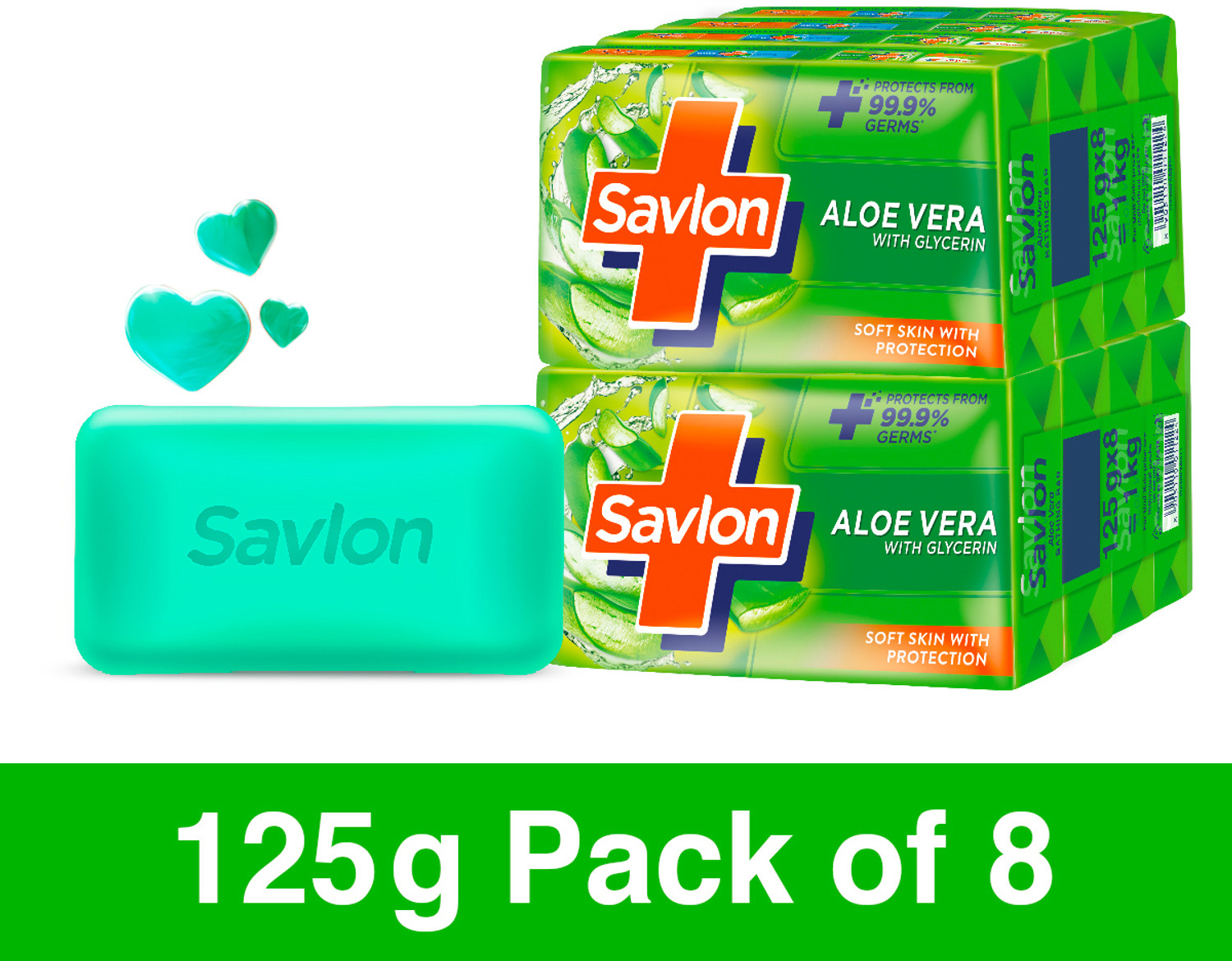 Image of Savlon Aloe Vera with Glycerin Soap Bar, Combo Pack, 125gx8, For Women & Men,