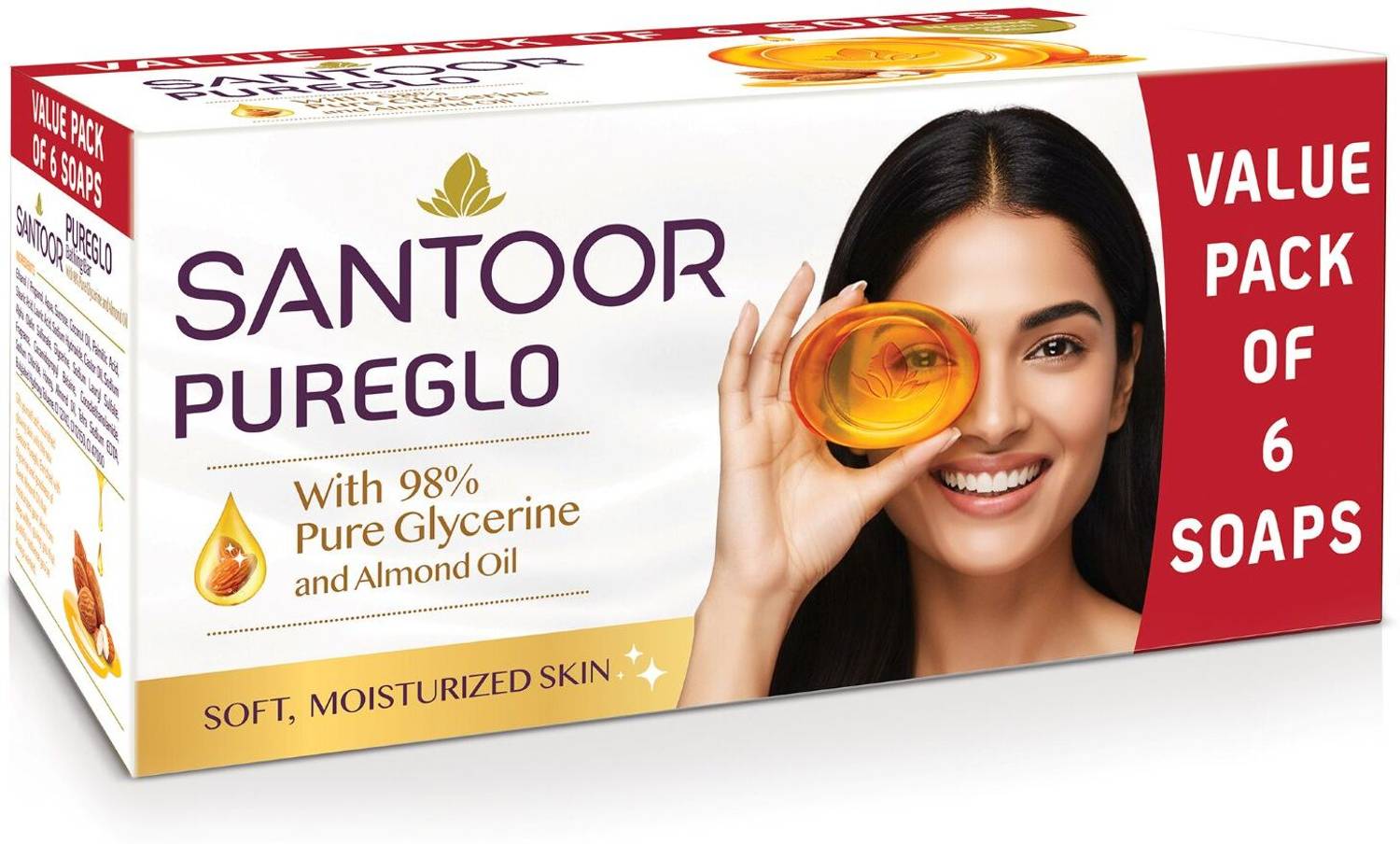 Santoor PureGlo Glycerine Bathing Bar Soap with Almond Oil for Nourished & Glowing Skin